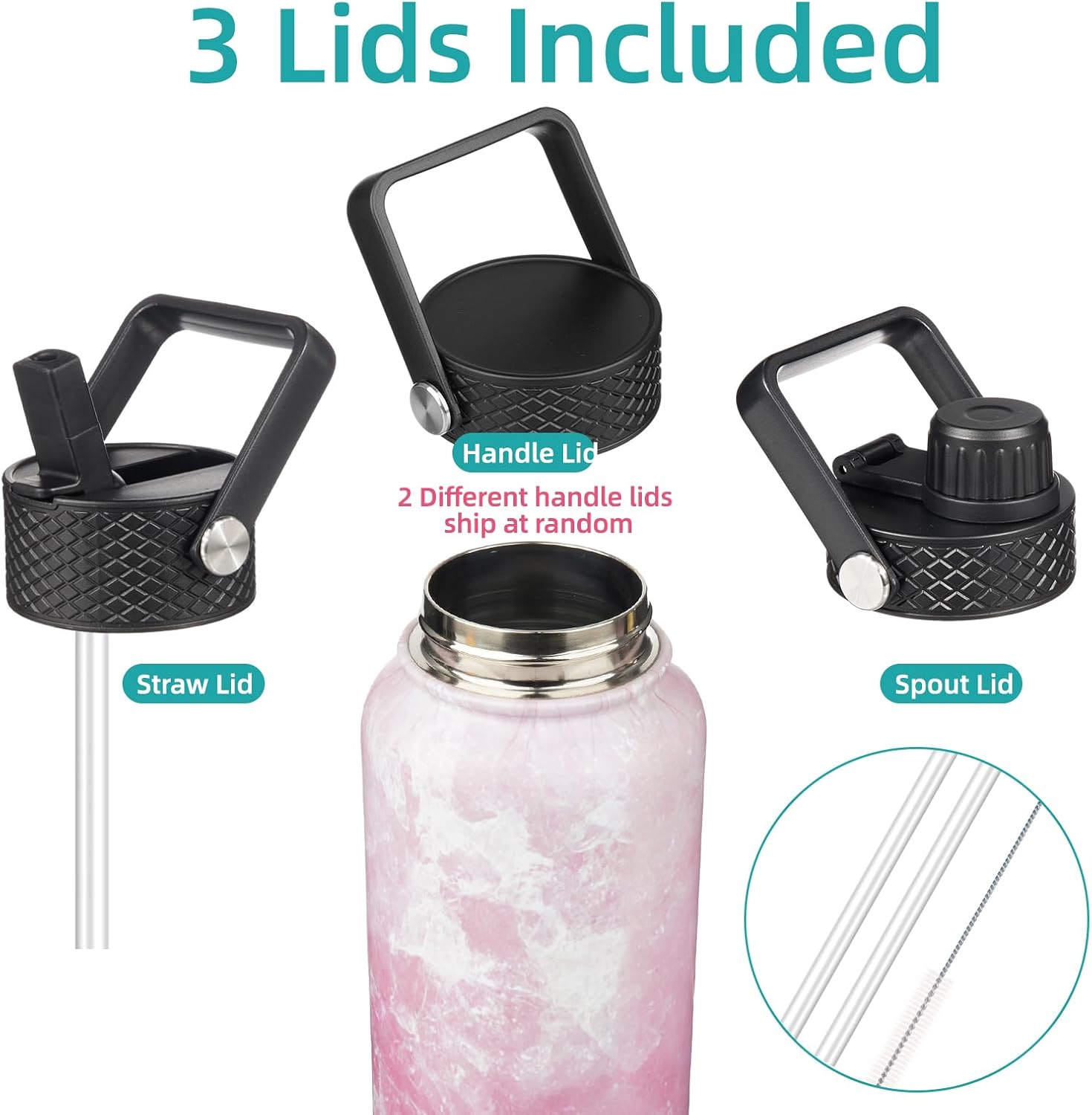 40oz Insulated Water Bottle Stainless Steel Sport Bottles with 3 Lids,Marble Blossom - Image 3