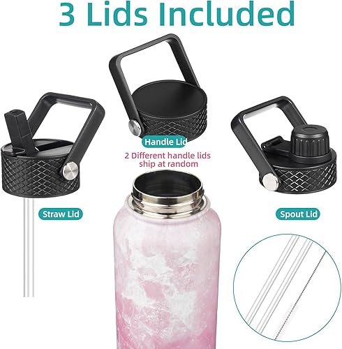 Miniatura 3 de Botella de agua aislada con popote, 22 onzas, 3 tapas, botellas de metal, botella de agua de acero inoxidable, flor de mármol