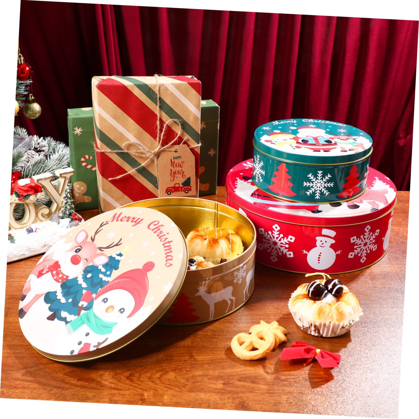 YARNOW Lot de 3 Boîtes à Biscuits de Noël Rondes en Métal avec Couvercles, pour Conserver Bonbons, Biscuits, Friandises Et Cadeaux