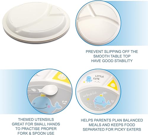 Miniatura 3 de Juego de 5 piezas de vajilla para niños pequeños, incluye plato, tazón, tenedor y cuchara, cubiertos para niños, apto para lavavajillas, sin BPA