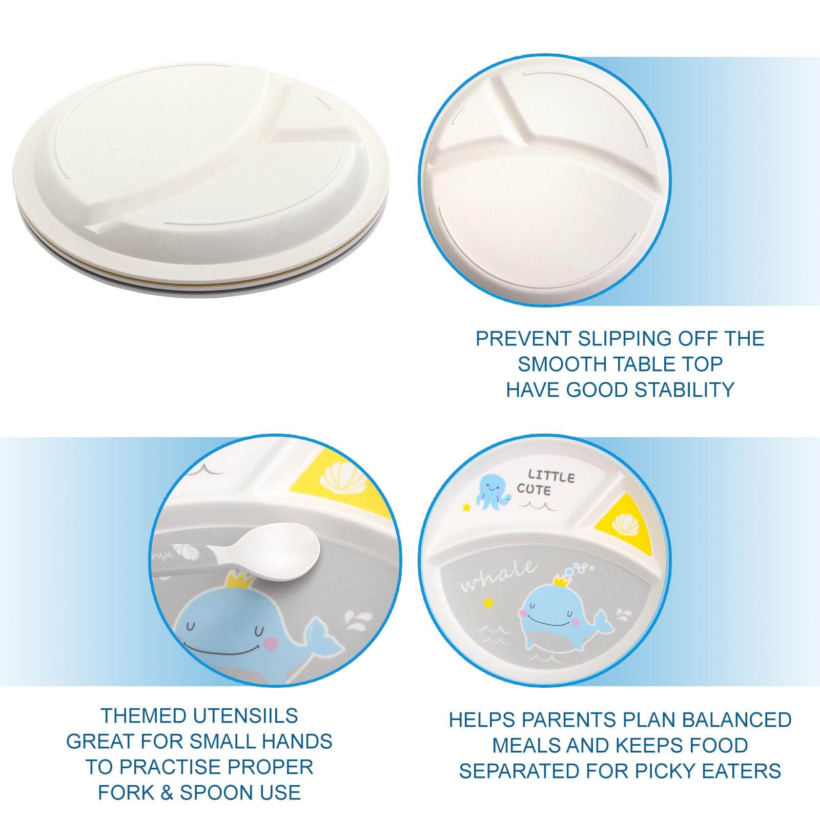 Assiettes Service de Table - Service de table pour Enfants - Comprend assiette, bol, tasse, fourchette et cuillère, ustensiles de cuisine, Sans BPA (Baleine)