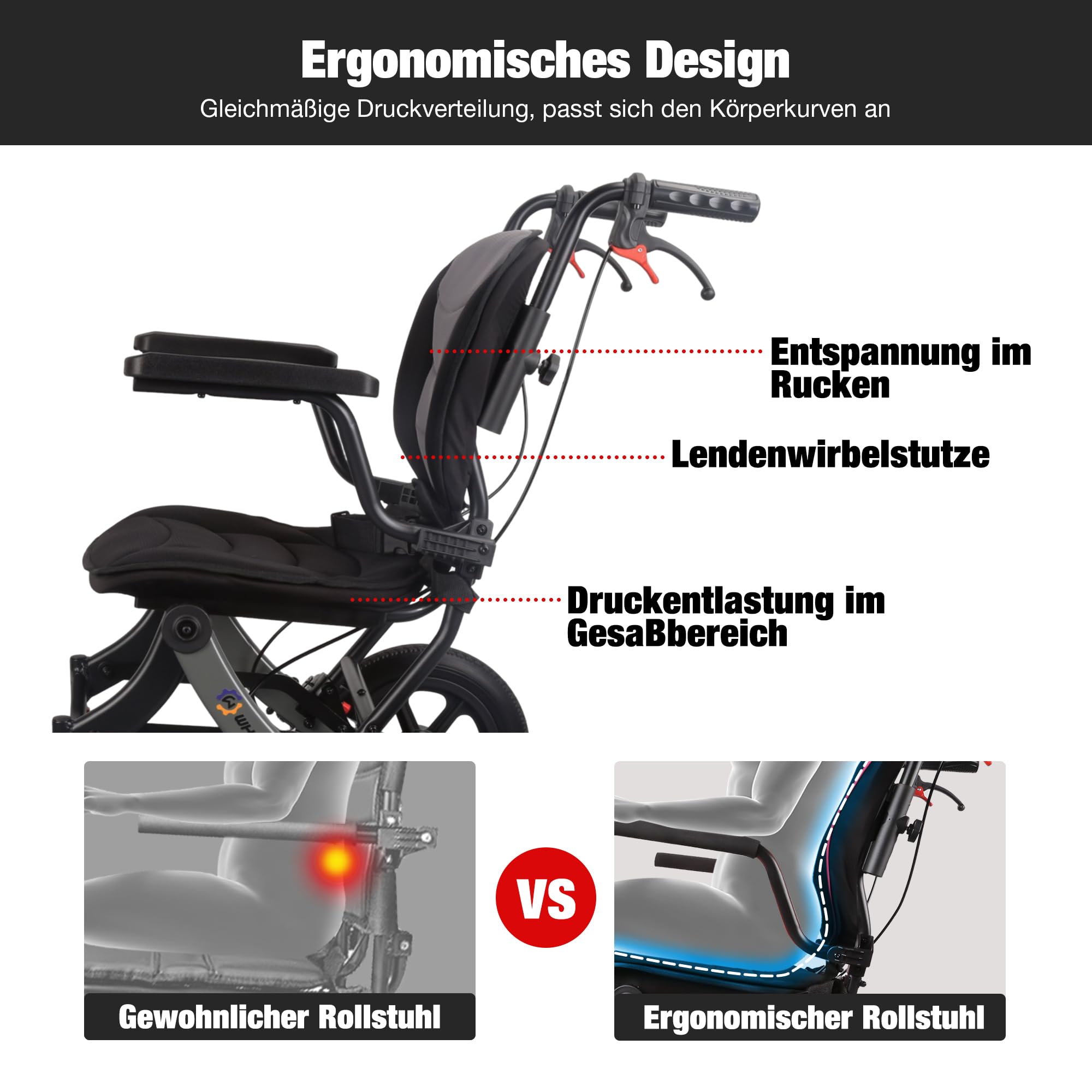 Rollstuhl Faltbar Leicht für Erwachsene und Senioren, Tragbarer Reisestuhl mit Abnehmbarem Polster und 12-Zoll-Rädern, Ergonomischer Rollstuhl, Höhenverstellbar, für Jedes Gelände Geeignet