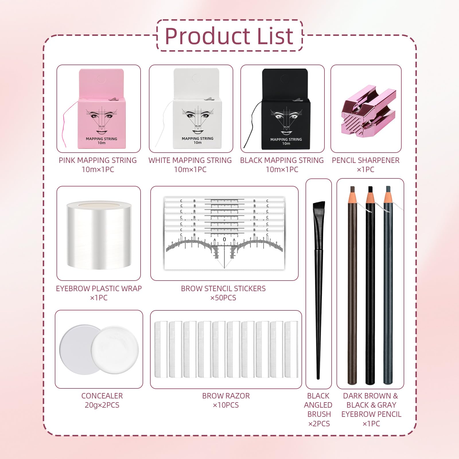 Kit de cartographie des sourcils - 10 m - Noir blanc et rose - 50 autocollants pour règle à sourcils, correcteur de sourcils blanc, 2 pinceaux à sourcils, crayon à sourcils et taille-rasoir