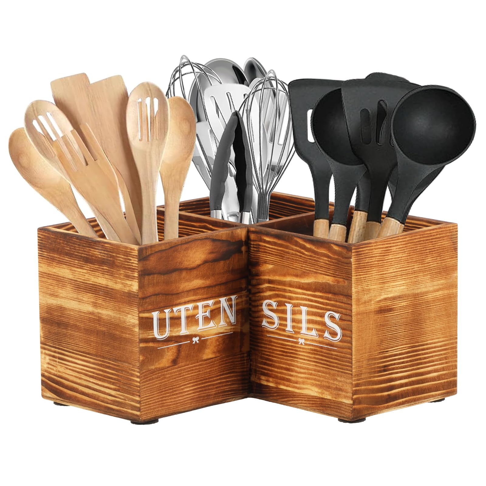 CBWERBB Extra Large Kitchen Utensils Holder,Utensil Holder Wooden Corner Cutlery Caddy Cooking Utensil Organizer with 3 Compartments for Kitchen Countertop Farmhouse Decor (Brown)