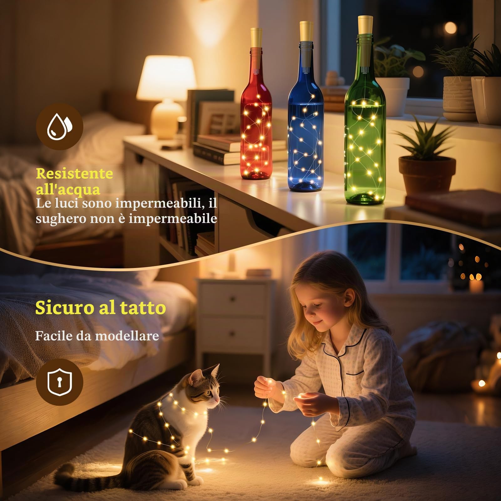 Ymenow 10 luci per bottiglie con timer, catena di luci per bottiglie in sughero, 2 m, 20 LED, USB, telecomando per interni, per bottiglie fai da te, Natale, Halloween, feste (bottiglia non inclusa)