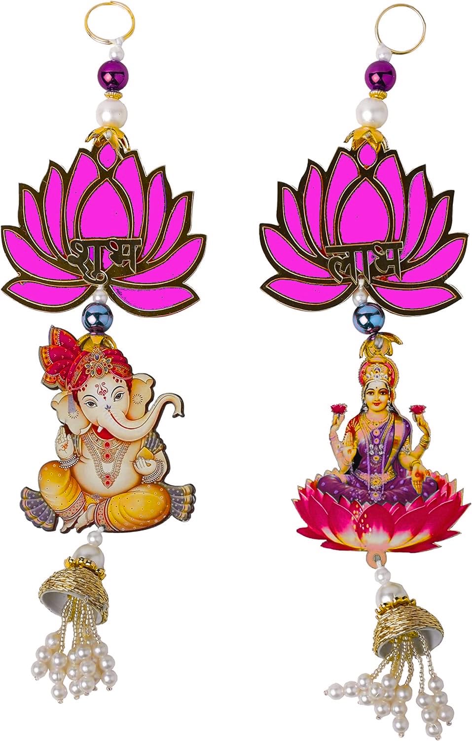 Auspicious Shubh Labh Hanging Lotus Laxmi Ganesh Bandanwar Door Wall Hanging Toran Indian Traditional Festival Handcrafted Toran Valance Religious Showpiece for Home Temple Décor(Size:- 11"X3")(Pink)