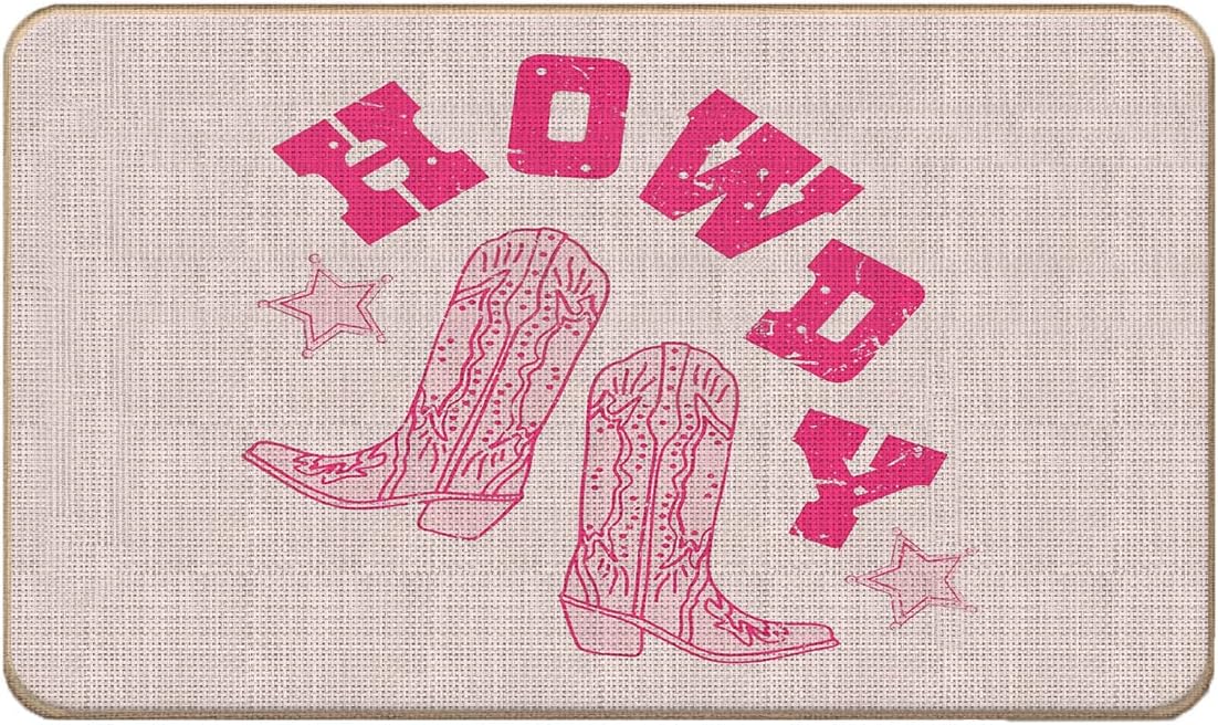 Retro Hot Pink Preppy Howdy Western Cowboy Cowgirl Boots Door Mat Doormat,17"X30" Decorative Dorm Indoor Outdoor Entry Door Mat,Western Welcome Mat Decor,Cowgirl Gifts for Teen Girls Women