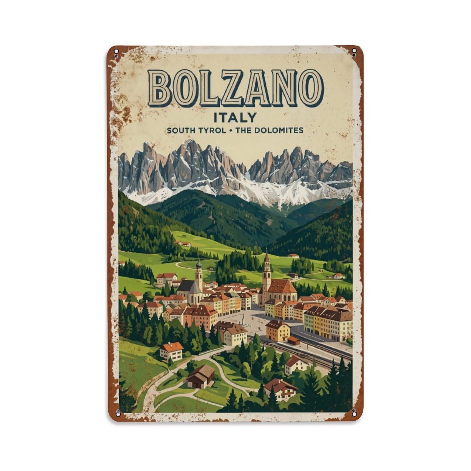 Vintage Travel Bolzano Italy Metal Tin Sign Wall Decor for Cafe, Club, Garden Metal Poster 8x12Inch