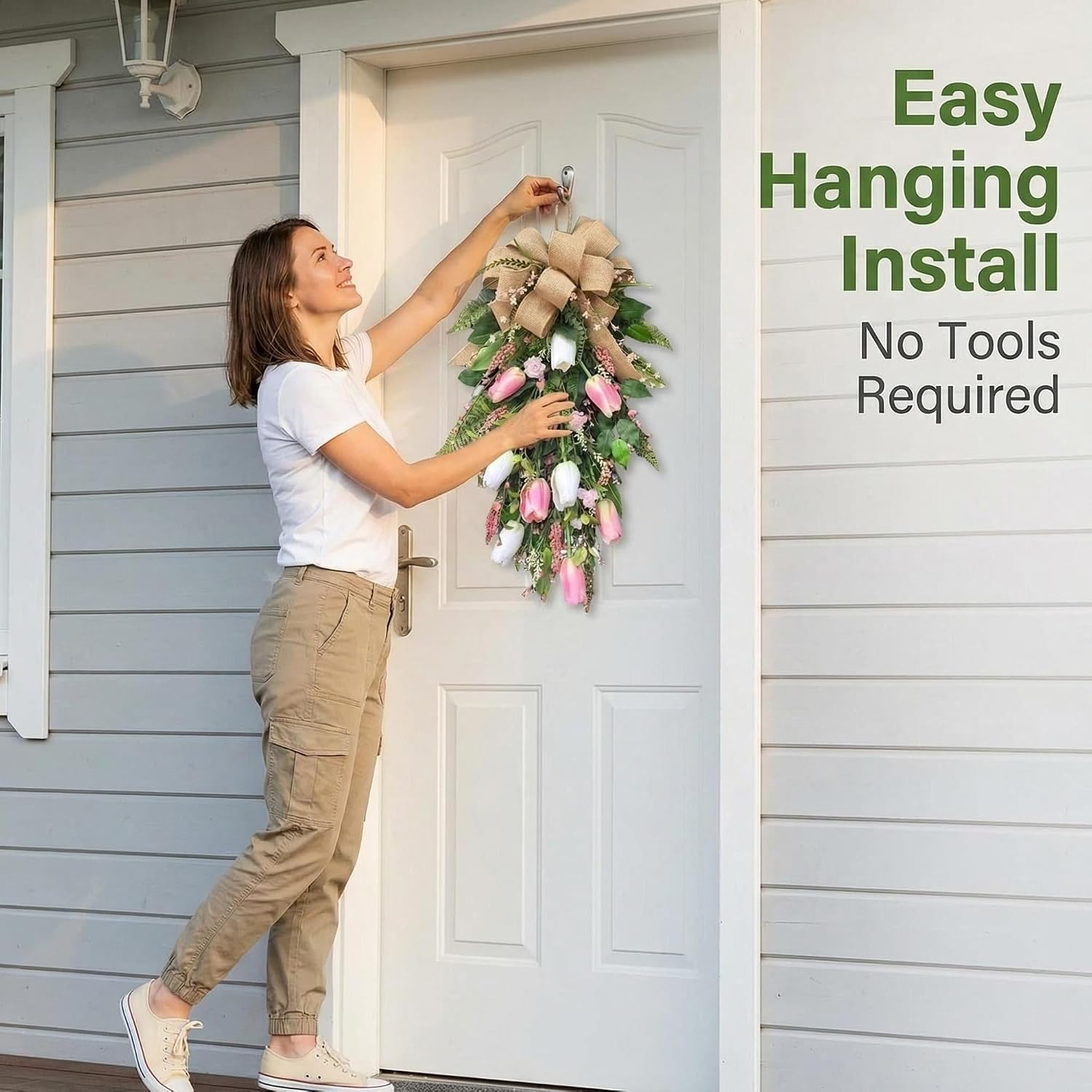 1pcs Artificial Flower Door Hanging Wreath – 21.7x11.8x2.4Inch Faux Floral Swag with Pink & White Blooms, Green Leaves