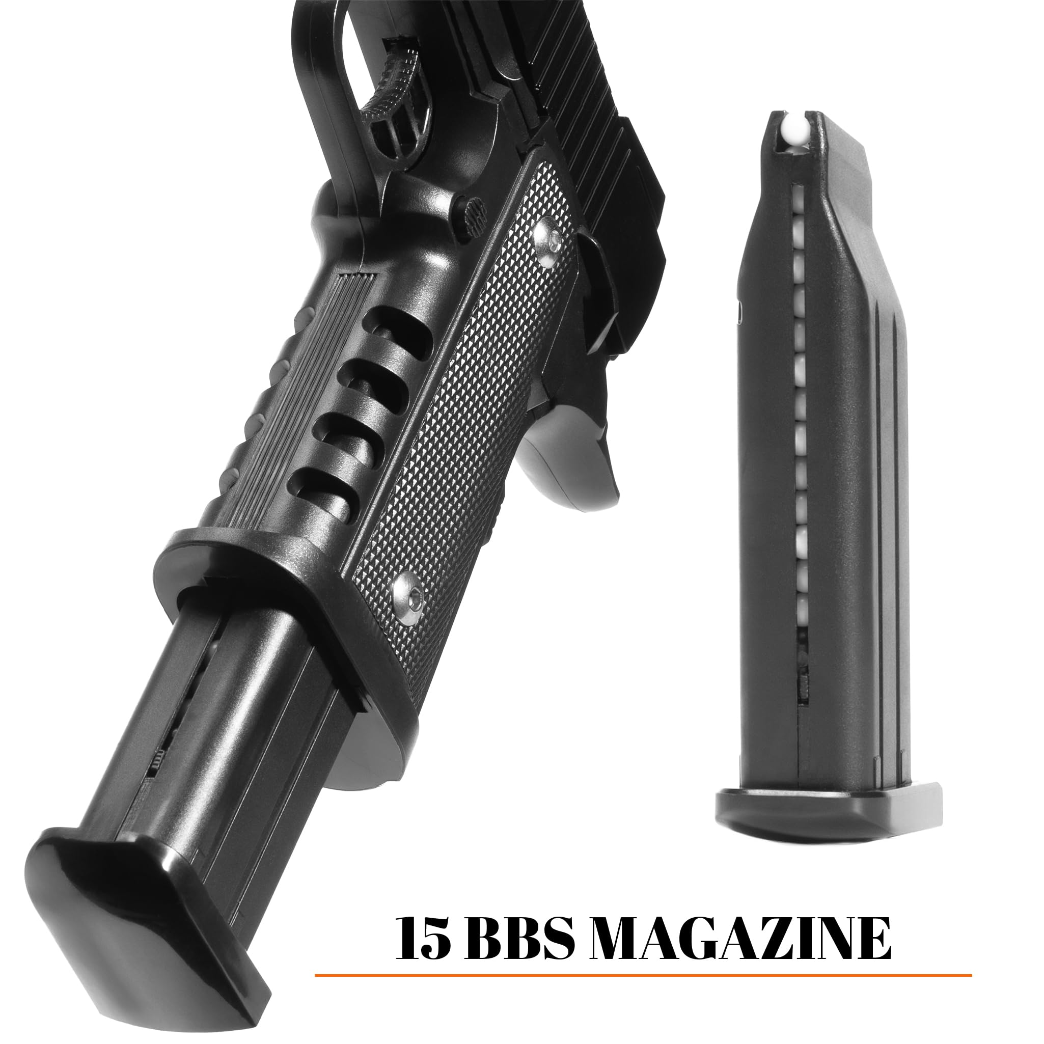 Pistola softair a molla Vigor V304, plastica, POTENZA 0,9 JOULE, caricatore 12 colpi, colpo singolo, 235x155x33mm 360g, bundle 1000 pallini calibro 6mm inclusi