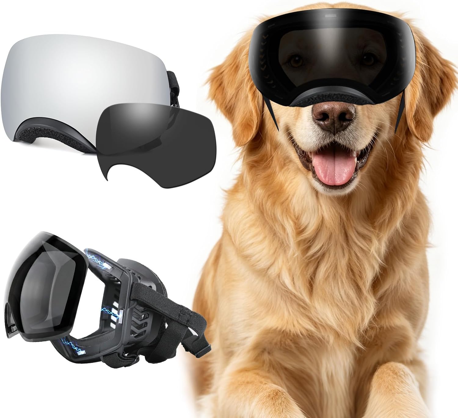Large Dog Goggles, Anti-UV Dog Sunglasses Magnetic Replaceable Lenses, Windproof Dustproof Driving Glasses with Elastic Straps for Medium to Large Breeds, Black
