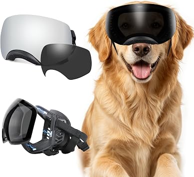 Large Dog Goggles, Anti-UV Dog Sunglasses with 2 Magnetic Replaceable Lenses, Windproof Dustproof Driving Glasses for Medium to Large Breed, Adjustable Elastic Straps, Black