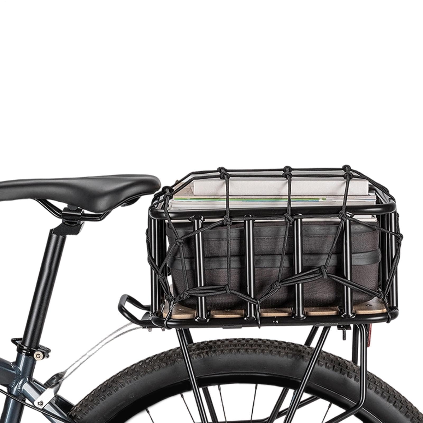 Cestino posteriore per bicicletta: supporto portaoggetti in lega di legno, 35 x 30 x 16,5 cm, supporto di carico per il sedile posteriore con design di protezione a rete elastica