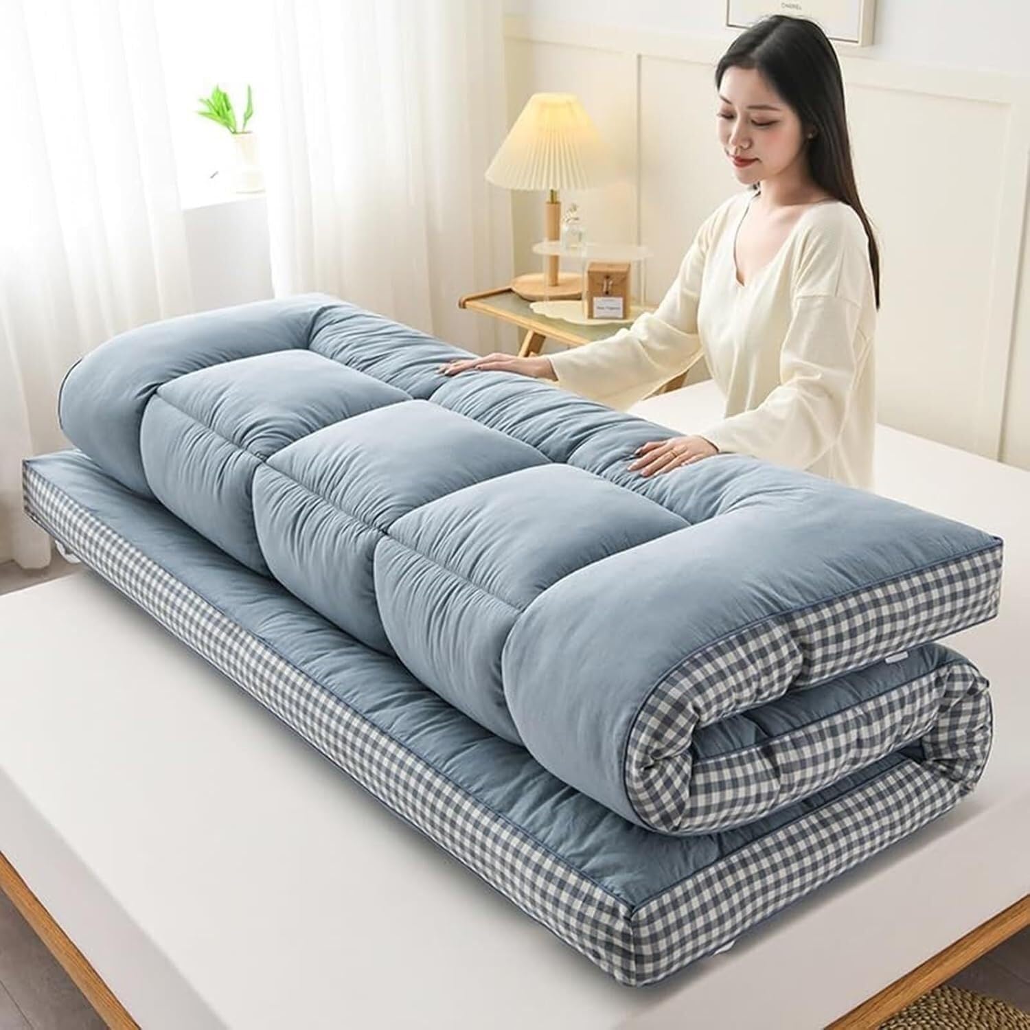 Japoński materac futon premium, gruby składany materac na podwójną, pełną, sofę typu queen, przenośne składane łóżko dla gości, idealna mata kempingowa, wygodna i zajmująca mało miejsca.