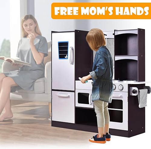 Miniatura 8 de ARLIME Juego de cocina para niños, cocina de juguete de madera con fregadero, estufa, microondas, refrigerador, armarios grandes, cocina de juego de