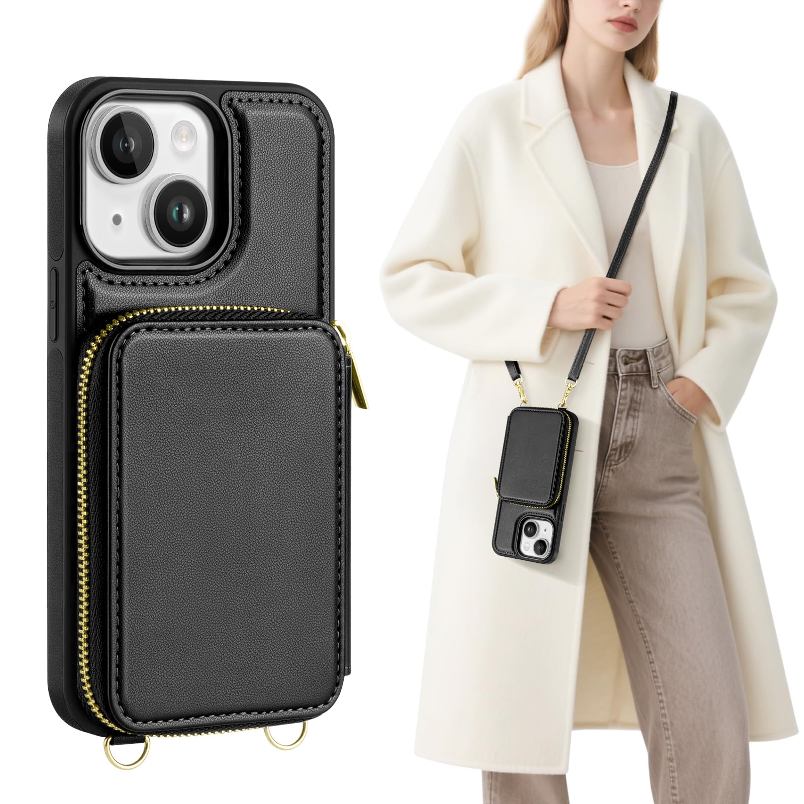 SkyEagle Compatible with iPhone 15 Plus Wallet Case for Women【RFID Blocking】 Crossbody Phone Case PU Leather Zipper Handbag Wrist Strap Cover Credit