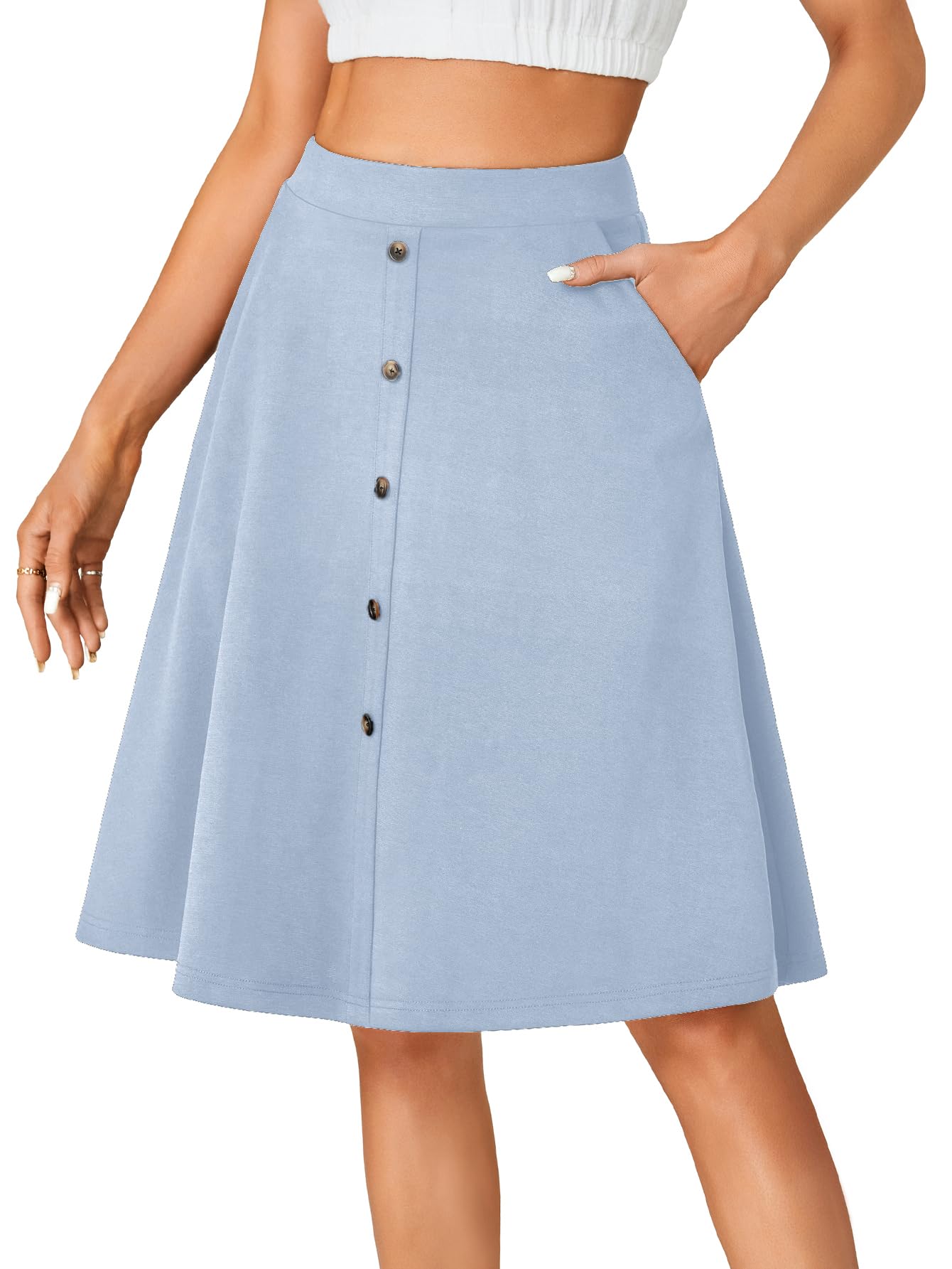 LYANER Womens Knee Length Casual Skirt Stretchy Button High Waist A-Line Flared Vintage Midi Skirts with Pocket