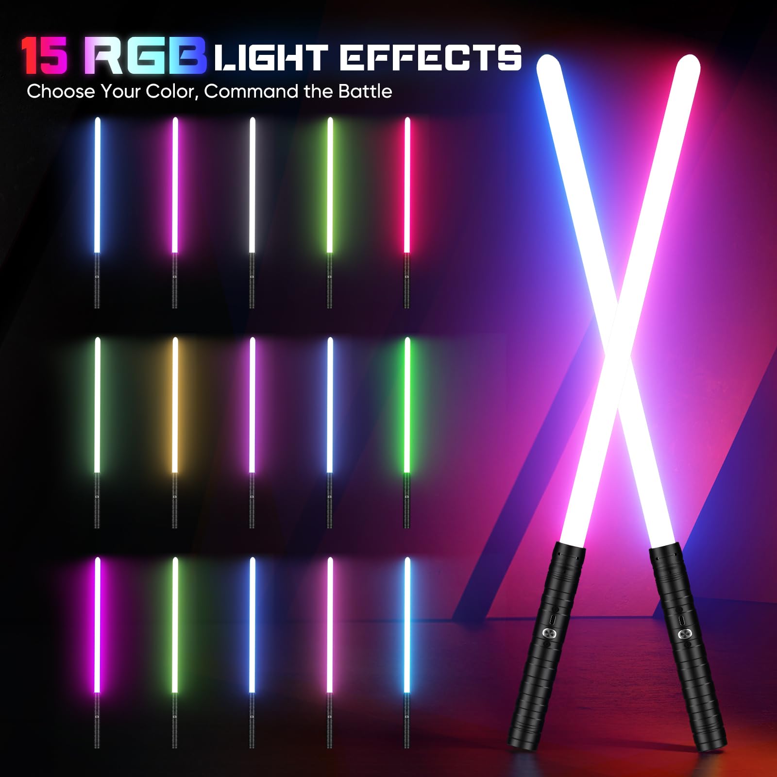 Spada Laser 2 Pezzi, RGB 15 Colori, 5 Effetti Sonori FX, Maniglia Metallo, Ricaricabile USB‑C, Giocattolo per Bambini, Duel, Halloween, Compleanno, Regalo