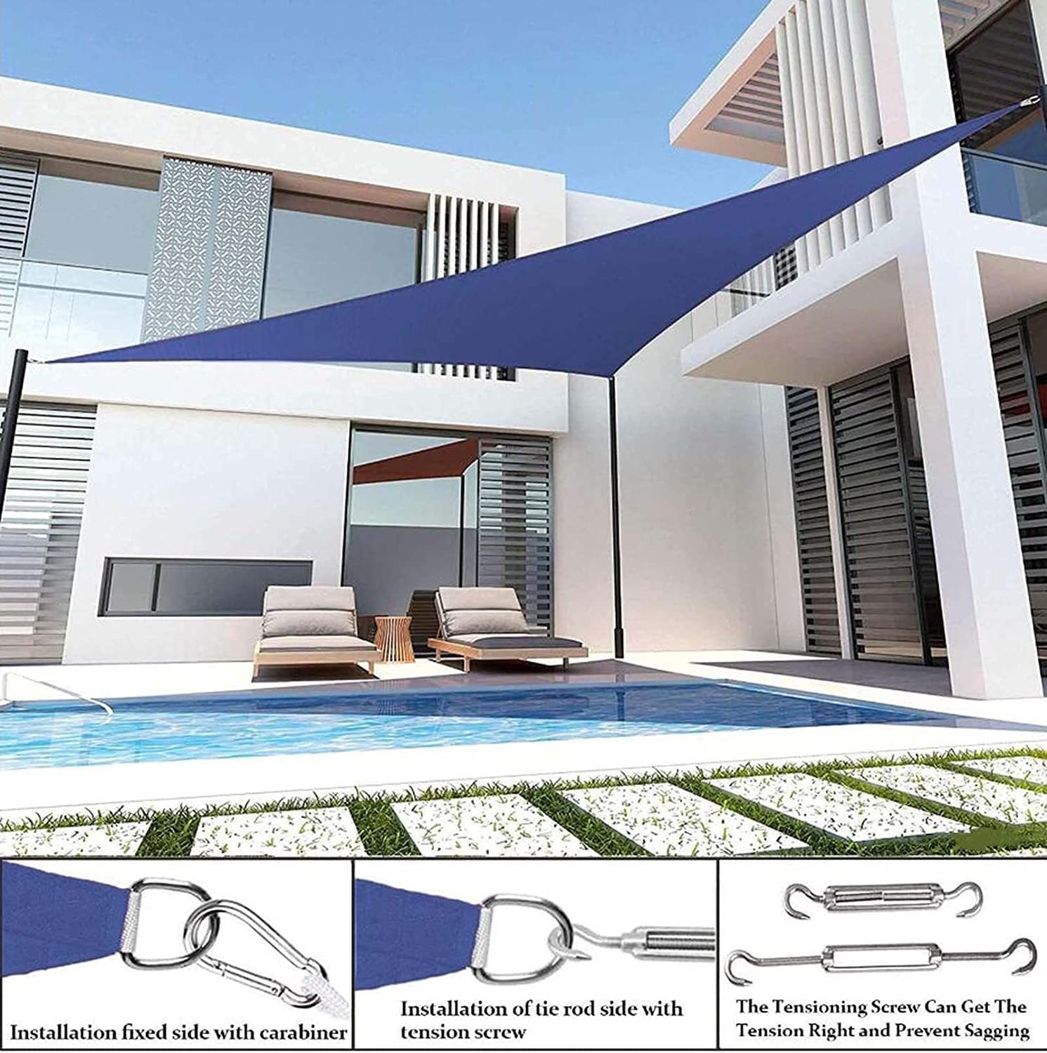 Amazon.de: Premium Sonnensegel, 5 x 5 x 7,1 m, dreieckiges,  winddurchlssiges Design fr 95 % UV-Schutz, inklusive Seilen, ideal fr  Garten, Balkon, Terrasse, Camping, Eierstuhl-Abdeckung, Blau, Gre 4 x 4 x