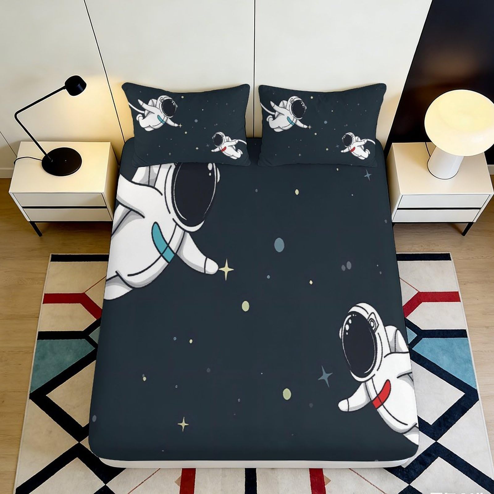 3D Printed Astronaut Space Fitted Sheet Microfiber Soft Deep Blue Cartoon Mattress Cover for Bedroom Guest Room Decor 90x200x25cm