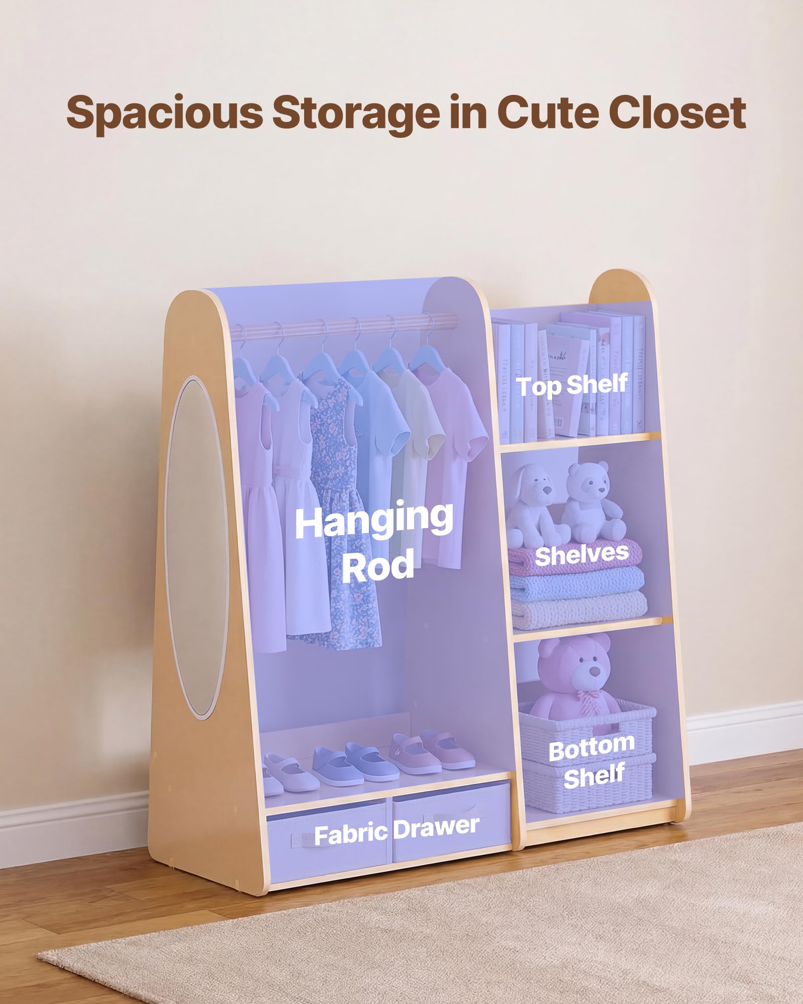 VEVOR Armario de Disfraces para Niños con Espejo, Mueble Montessori de Madera Natural, Perchero Infantil con Estantes, Organizador de Ropa con Compartimentos y Barra para Cuarto de Juegos y Dormitorio