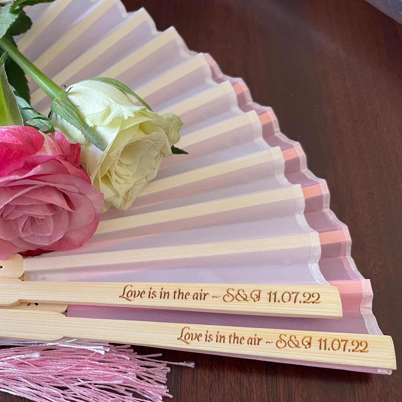 Los Fanáticos De La Boda Personalizan La Decoración Rural Fiesta De Playa Nombra Regalos Personalizados Invitados, Fans De Seda De Madera Novias (40pcs,Light blue 17)