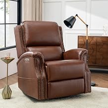 HULALA HOME Genuine Leather Recliner with One-Button Reset, Power Recliner with Electric Lumbar Support and Headrest, Traditional Swivel Rocker Recliner with USB Port and Storage Pocket, Brown