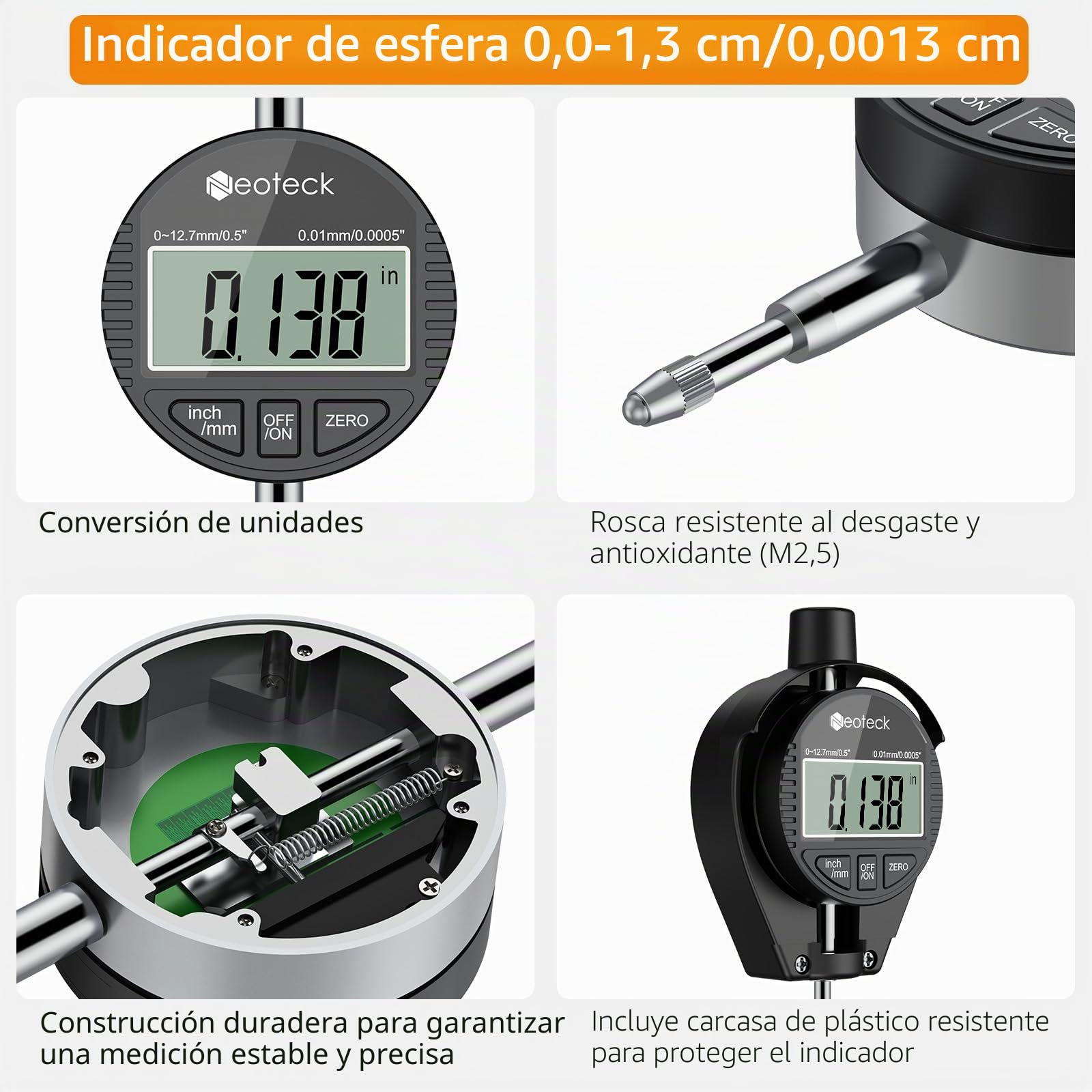 Neoteck Indicador de Diámetro Indicador de Diámetro Interior 2"-6"/0.0005" Juego de Indicador de Diámetro con Dial Autocentrante,Empuñaduras Aisladas para Medición Profunda de Cilindros de Motor-Negro