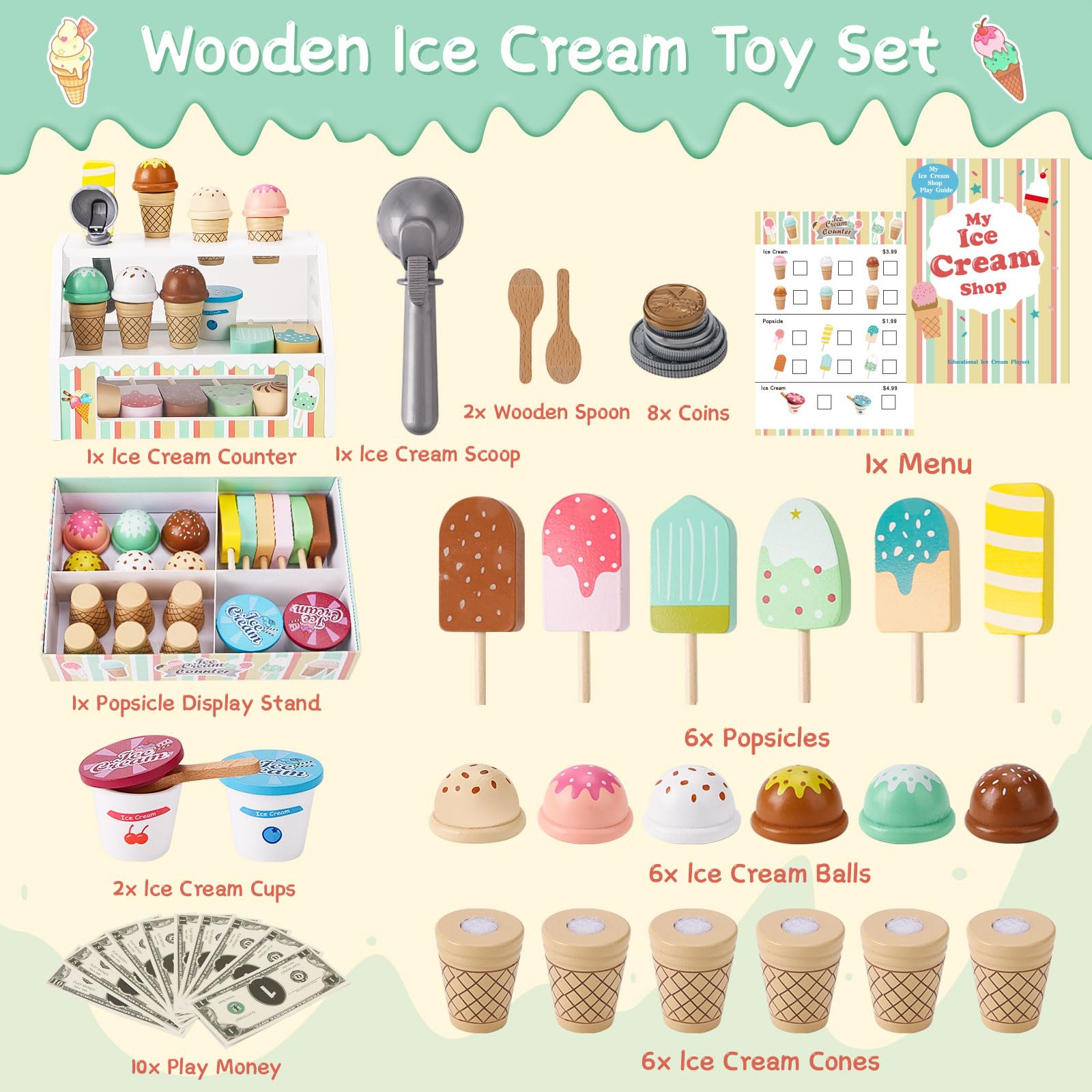 Wooden Ice Cream Toys for Kids Pretend Play Kitchen Food Toys with Scoop & Menu & Fake Money, Ice Cream Counter Shop Playset for 3 4 5 6 Year Old Girls Boys Birthday Gifts