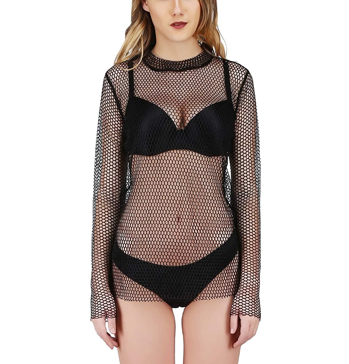 jaanshiWomen's Sexy Sheer Beach Cover Up Long Sleeve Mesh Blouse Lingerie Transparent Babydoll Net Baby Doll Dress See Through Dress Honeymoon Beachwear