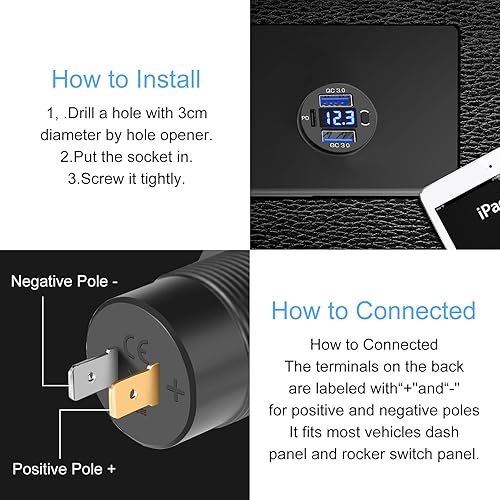 Miniatura 6 de Doble puerto USB de carga rápida 30 y toma de cargador de coche PD USB C salida USB de 12 V con voltímetro e interruptor de alimentación para
