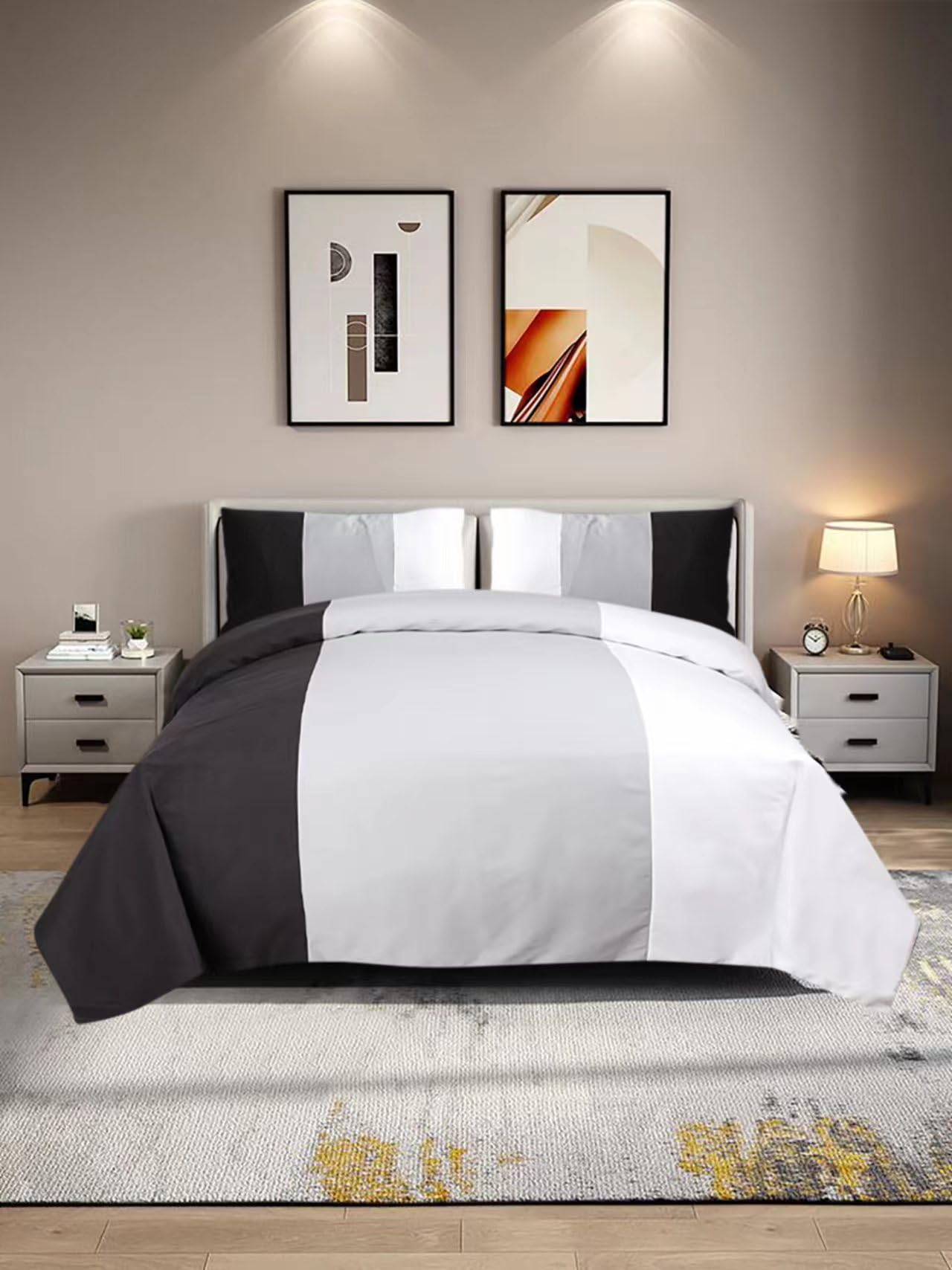 Housse de couette king size rayures 3 tons noir gris blanc avec taies
