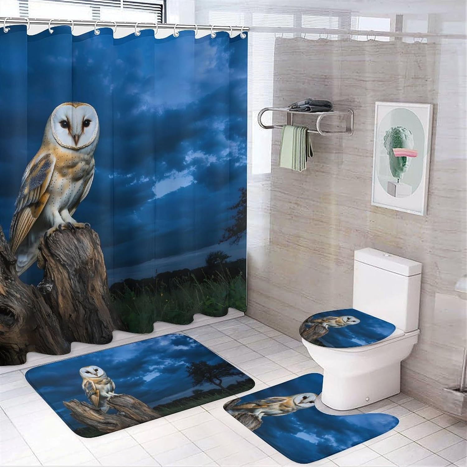 Owl in Night Bathroom Sets with Shower Curtain and Rugs 4 Piece with U-Shaped Floor Mat Toilet Lid Cover