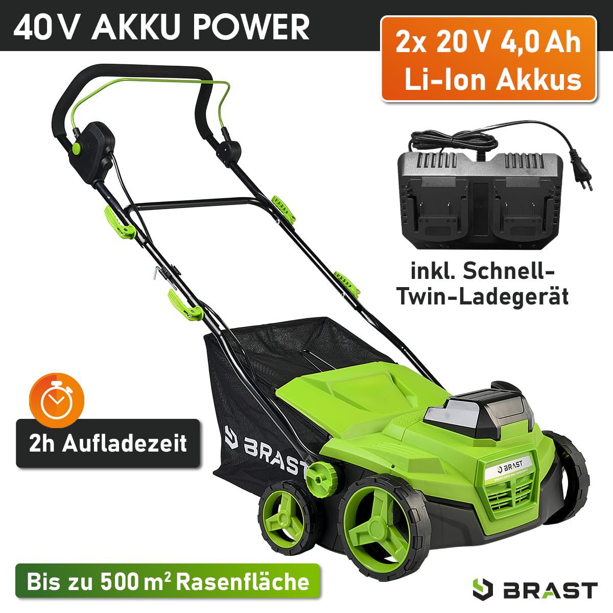 BRAST Akku-Vertikutierer Rasenlüfter 40V | 2x 4,0Ah-Akkus | 38cm Arbeitsbreite | 2in1 Funktion | 5-stufig einstellbare Arbeitstiefe | inkl. Schnellladegerät | 50L Fangsack | für Flächen bis 500 m²