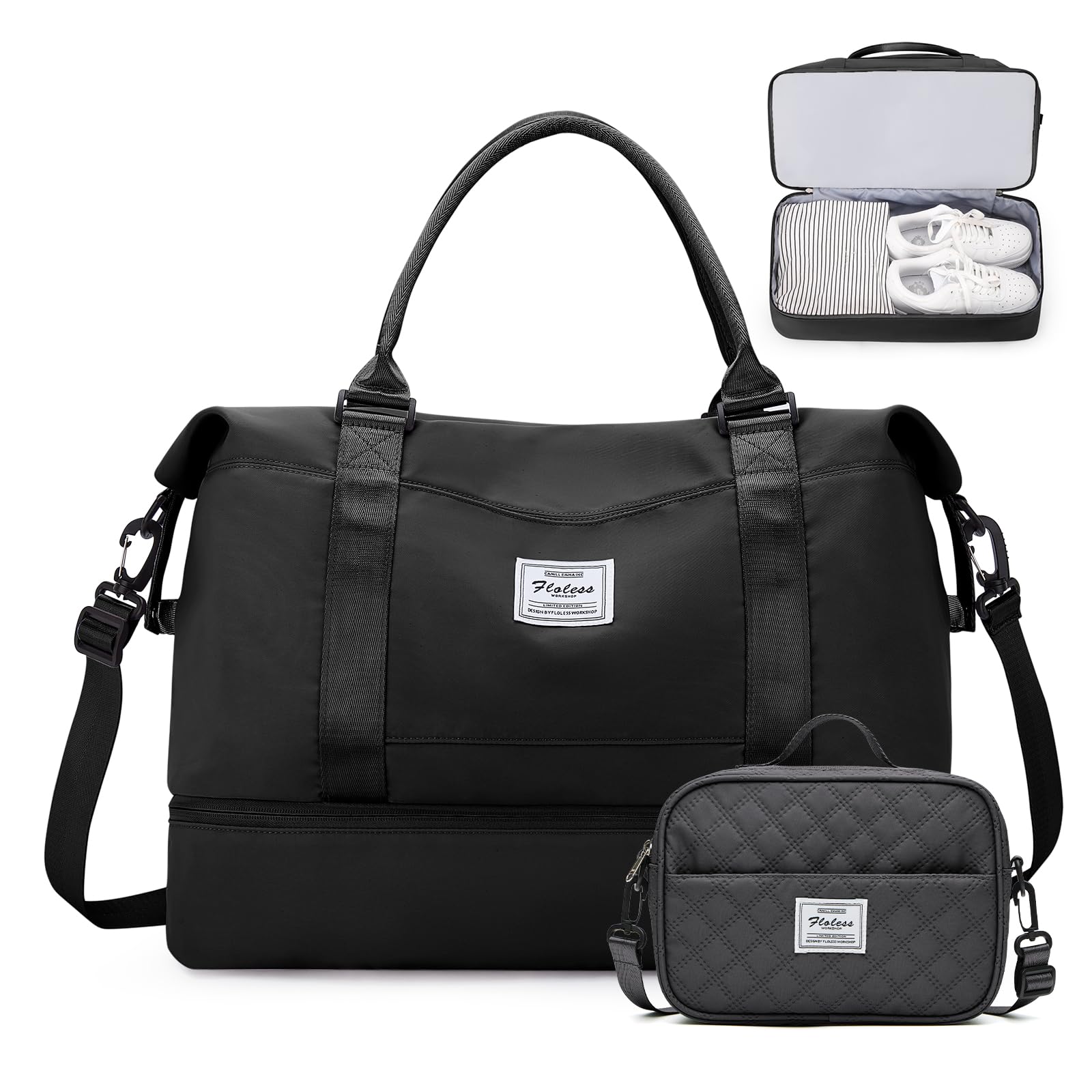 Weekender Bags for Women,Personal Item Travel Bag with Shoes Compartment,Overnight Travel Duffel Bag with Black GrayToiletry Bag