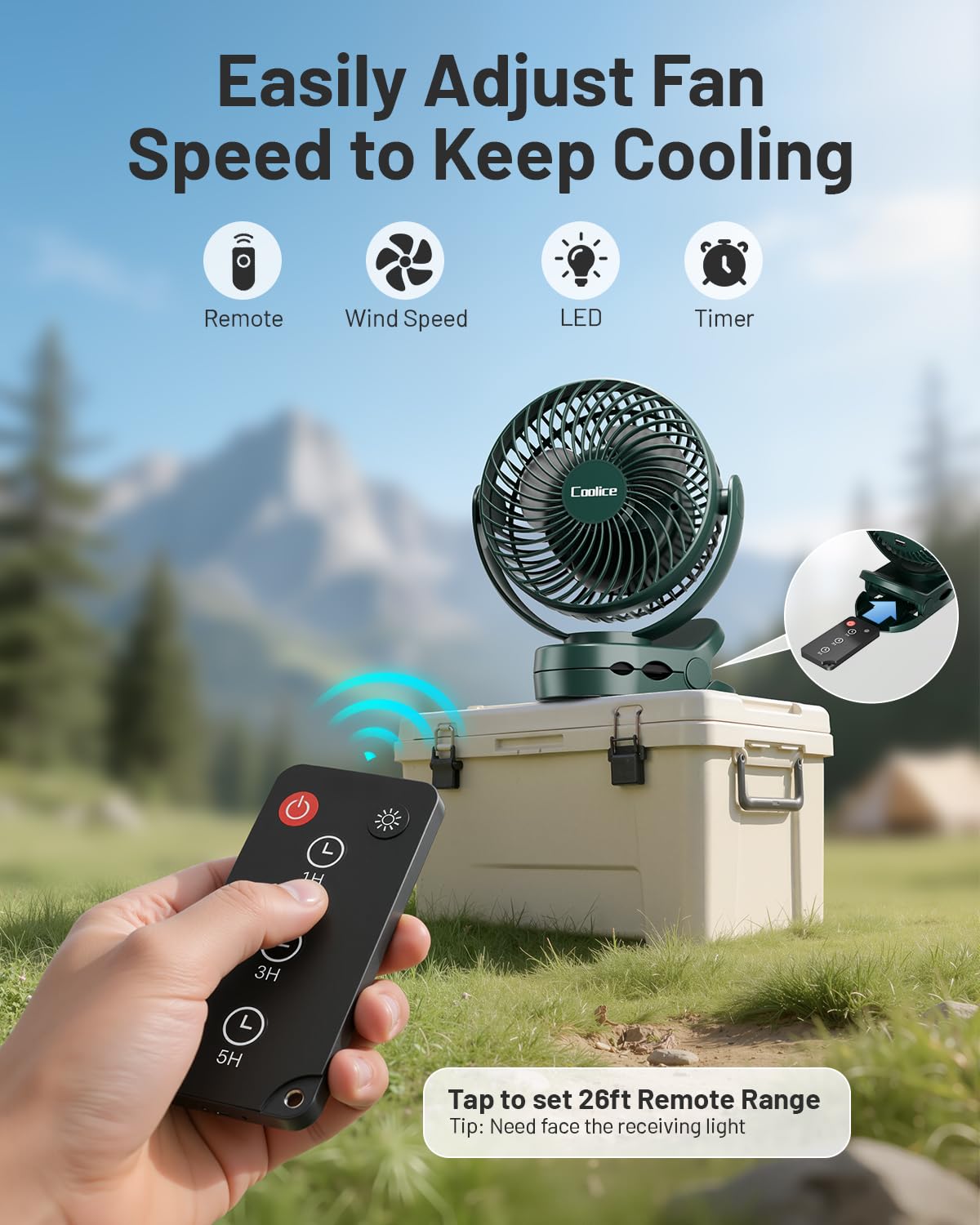 Ventilatore da campeggio con telecomando, 65 ore, 12000 mAh, ricaricabile, 3 velocità e temporizzazione, ventilatore a batteria con luce e gancio, ventilatore per tenda da campeggio, ventilatore da
