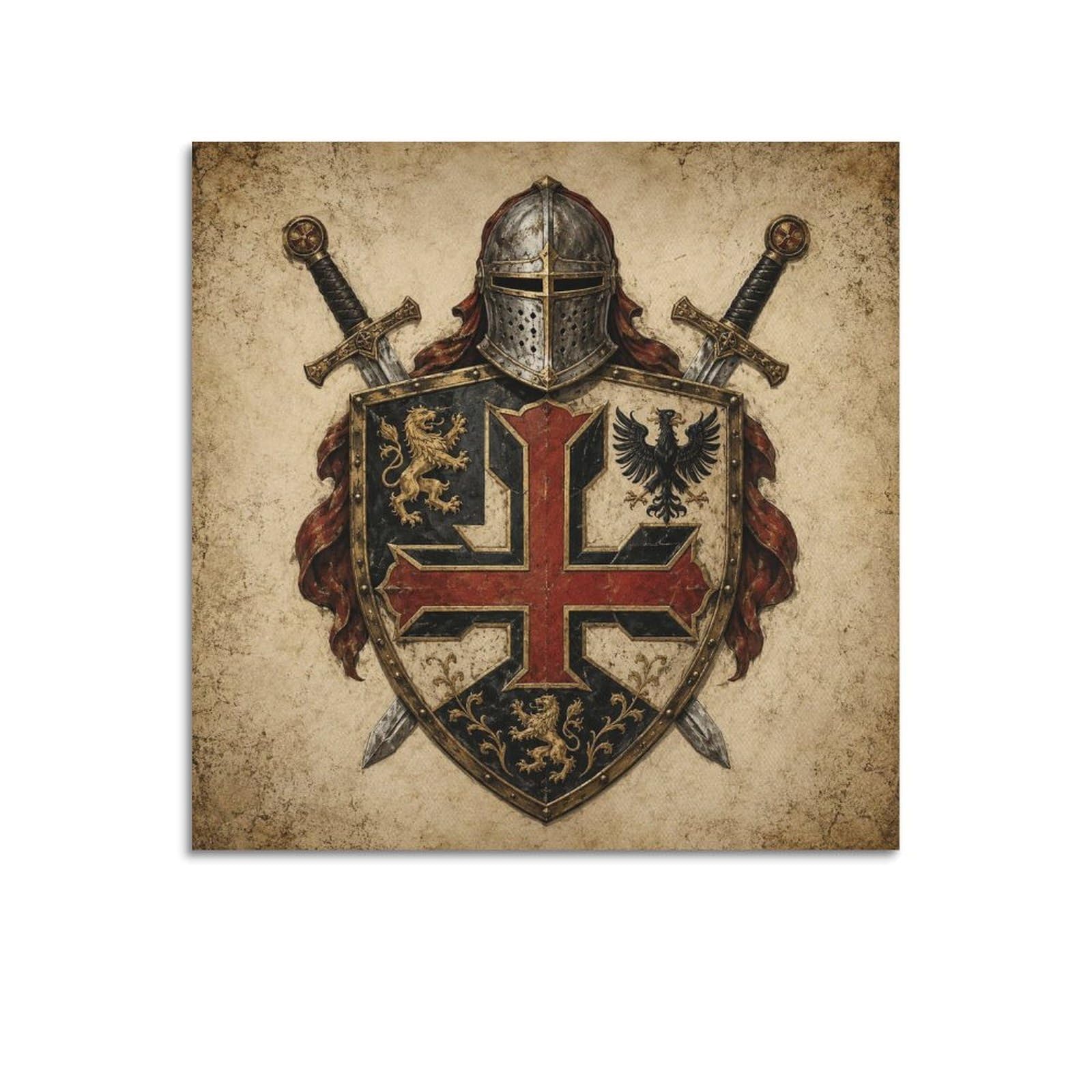 XKUGA Heraldic Shield Templar Gothic Poster Knight Lion Eagle Crest Modern Decorative Canvas Prints - Ideal Wall Art for Family, Man Cave, Game Room, Boys & Girls Bedroom 12x12inch(30x30cm)