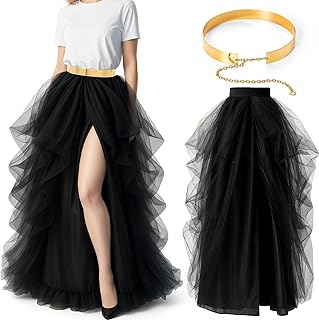 2 Pcs Women Skirt Set Gold Metal Belt Women Maxi Tulle Floor Length Laye...