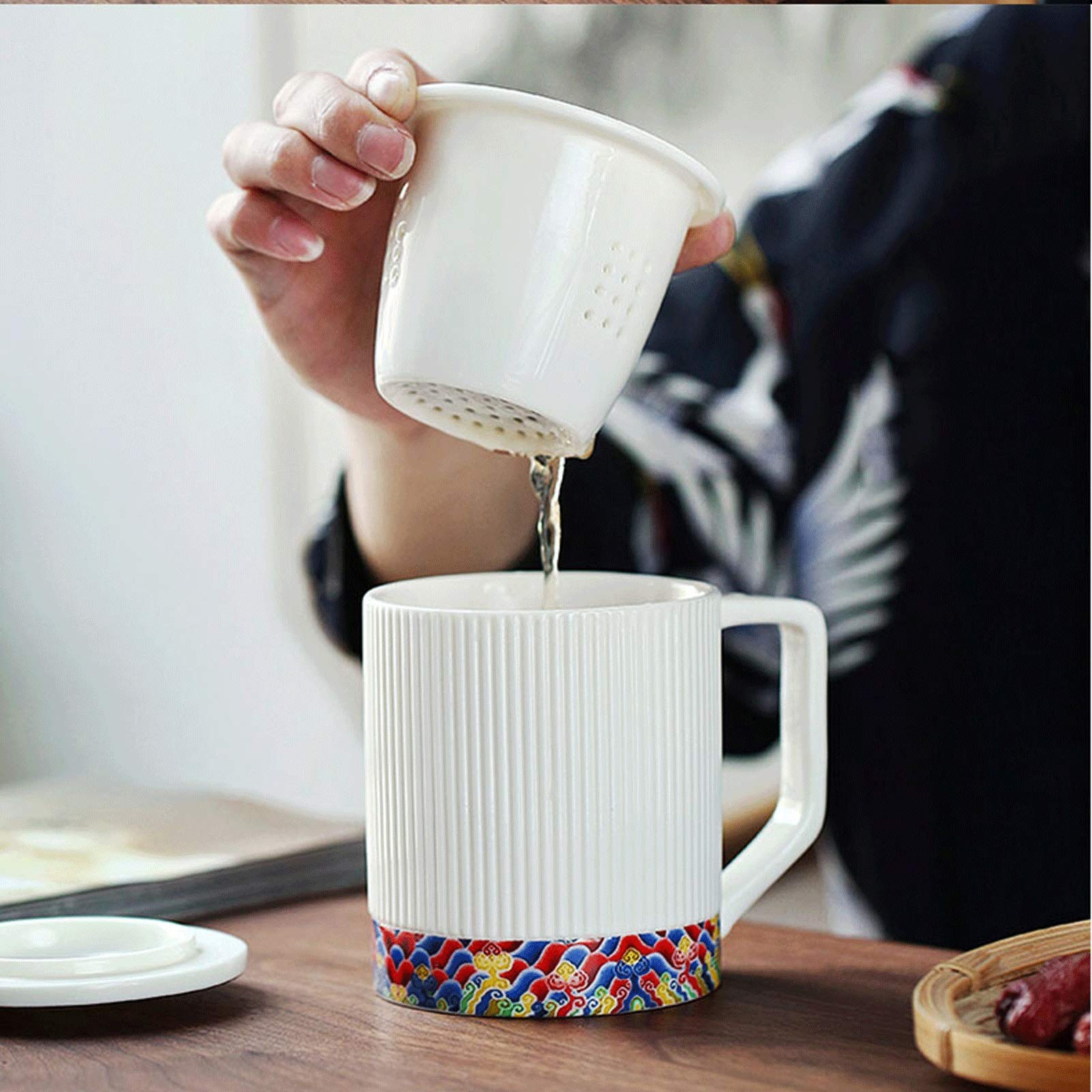 Tasse Keramikbecher mit Teetrenner 400 ml Wasserbecher mit Deckel Verbrühungsschutz Griff Exquisit für Weihnachten, Valentinstag und Muttertag Kaffeetasse (Farbe: Blau)