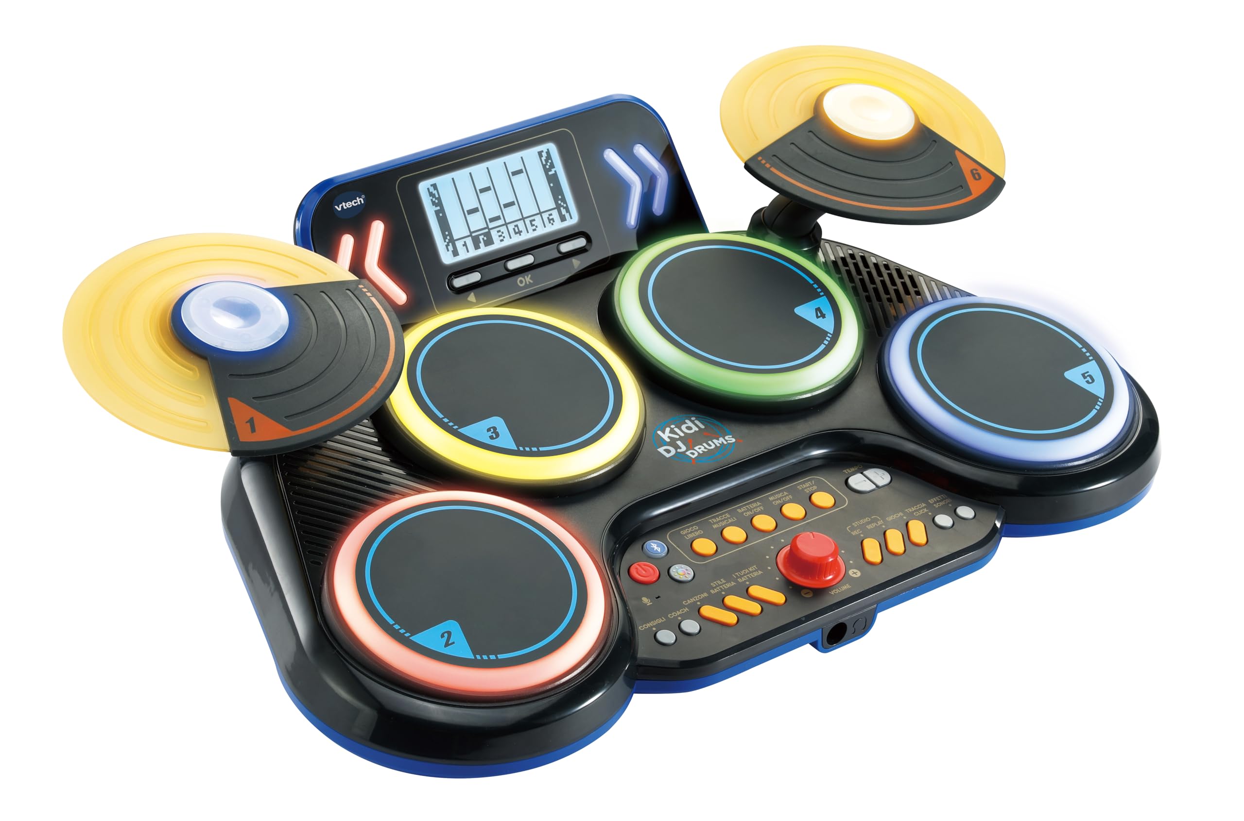 VTech Kidi DJ Drums, elektroniczny akumulator dla dzieci z podkładkami świecącymi, grami muzycznymi, trybem Bluetooth i wbudowanym mikrofonem, pałeczkami w zestawie, język włoski, baterie w zestawie,