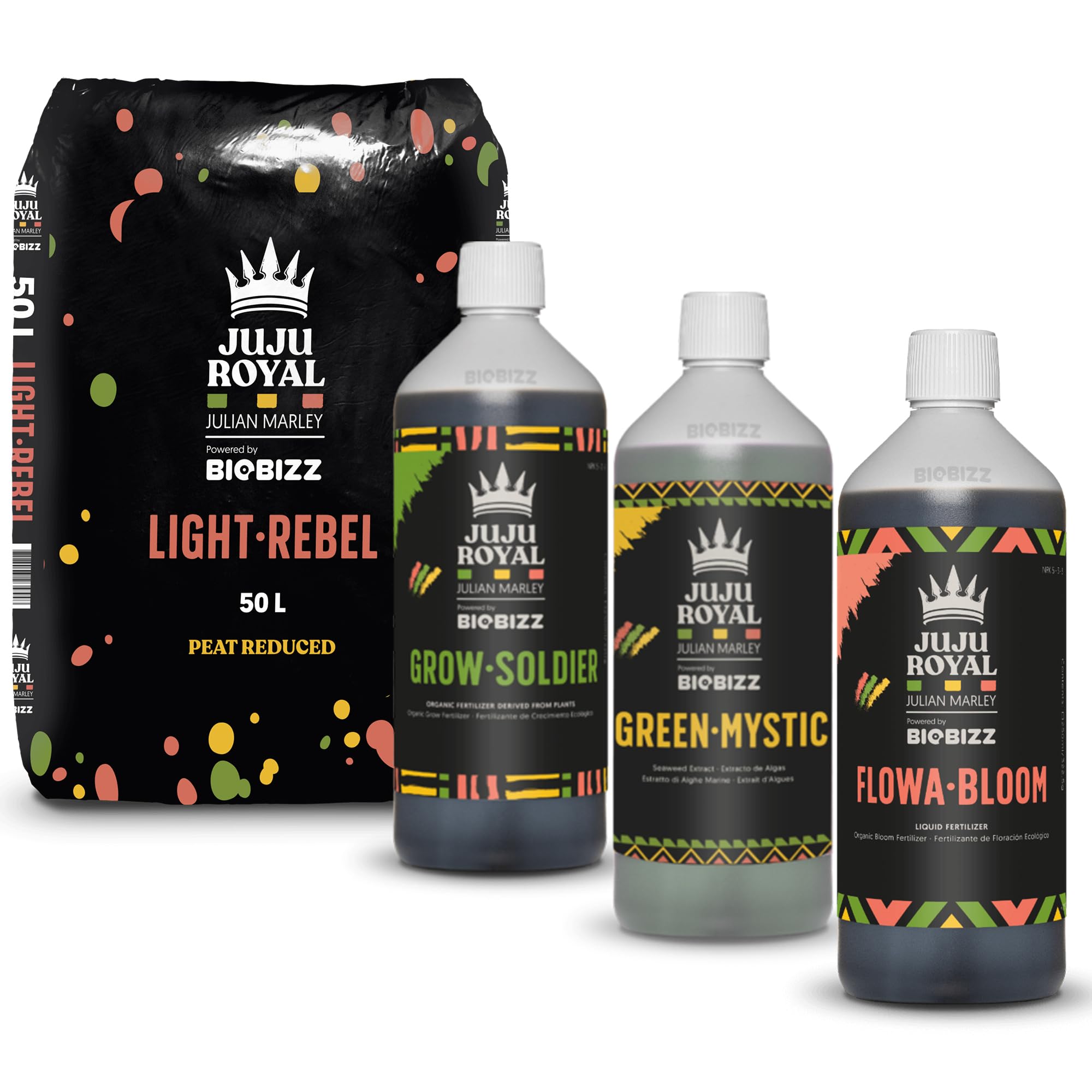 Biobizz Juju Royal Light Rebel Pflanzsubstrat Set mit Grow Soldier, Green Mystic und Flowa Bloom, 50L Torfreduzierte Erde mit 1L Organischen Düngemitteln