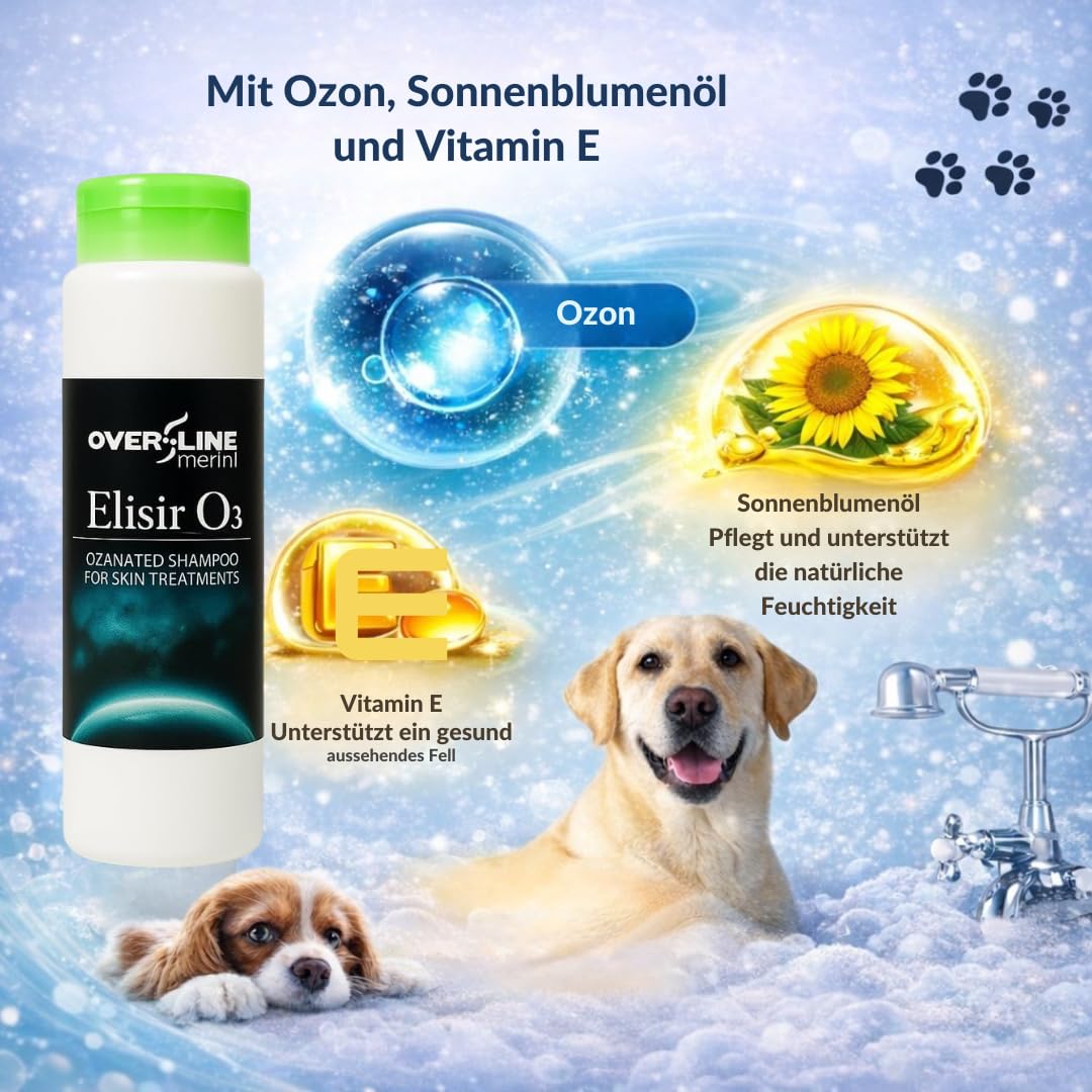 OVER LINE MERINI | Hundeshampoo mit Ozon 1 Liter – Milde Reinigung für empfindliche Haut – Unterstützt bei Juckreiz und Hautirritationen – Für die regelmäßige Anwendung geeignet