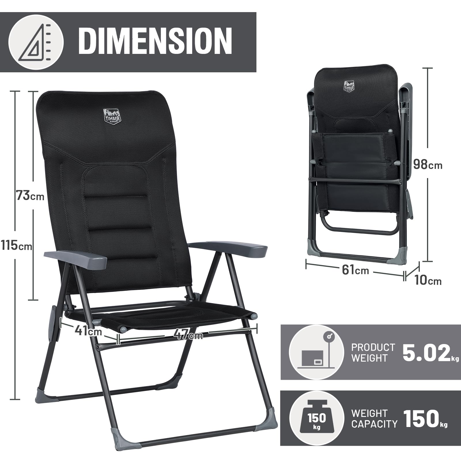 TIMBER RIDGE Sedie da Giardino Pieghevoli in Alluminio Regolabile in 7 Posizioni con Braccioli Cuscino per Piscina 2 Pcs, Nero