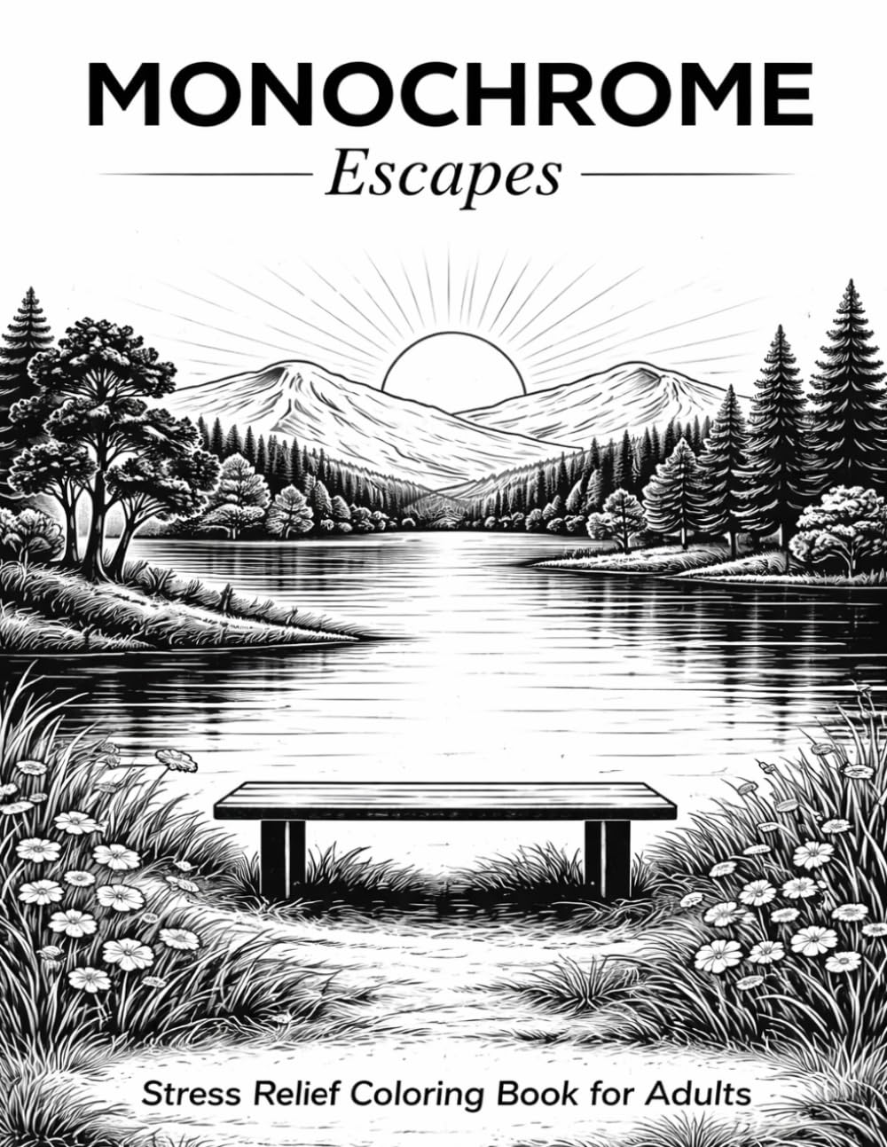 Monochrome Escapes: Stress Relief Coloring Book for Adults with Minimalist Black & White Designs