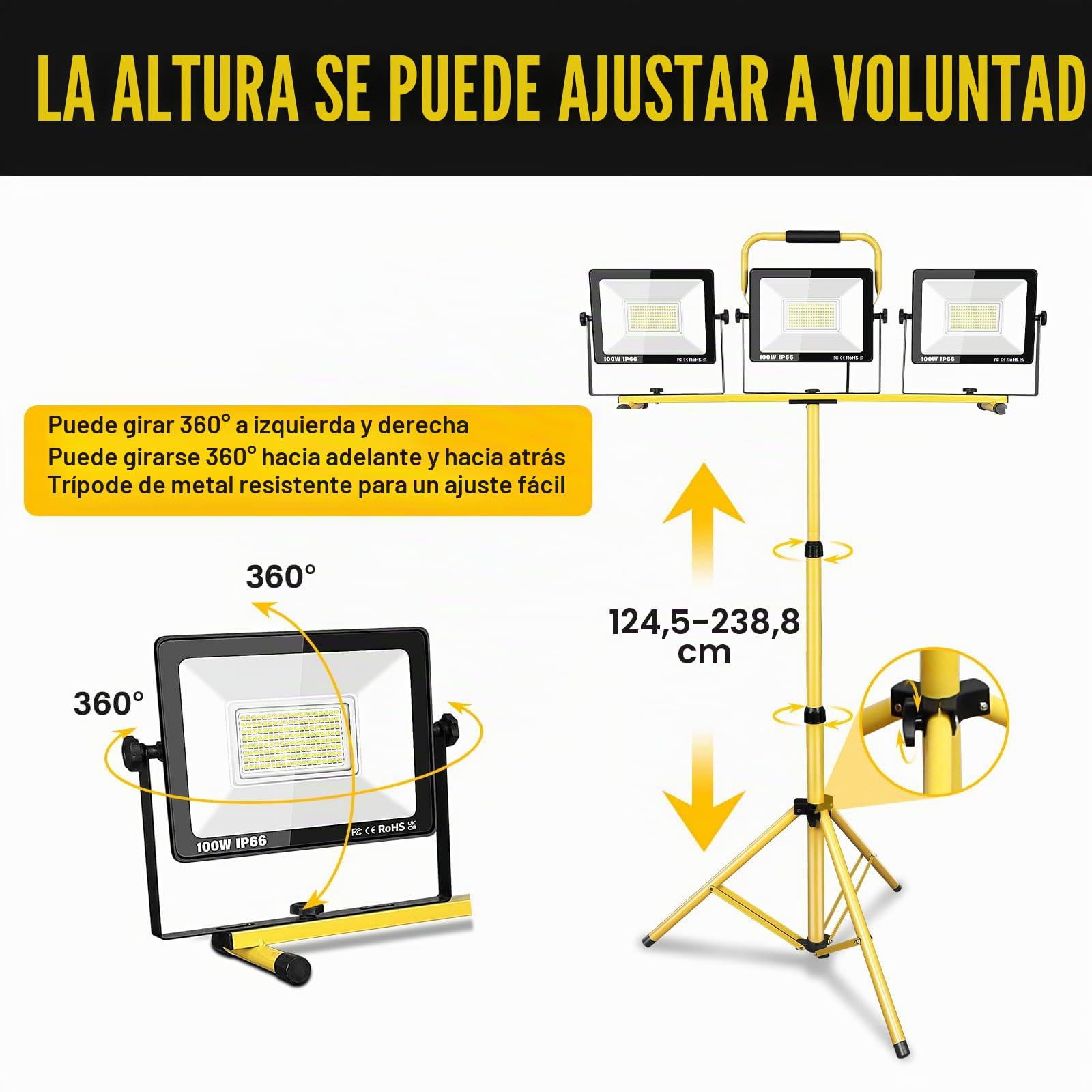 Willpower Focos LED Trabajo Portátil 300W, Proyector LED con Trípode Telescópico 30000LM Foco de Construcción IP66 para Obras Fiestas Jardín Garaje Interior Exterior, 3M Cable con Enchufe, 6000K