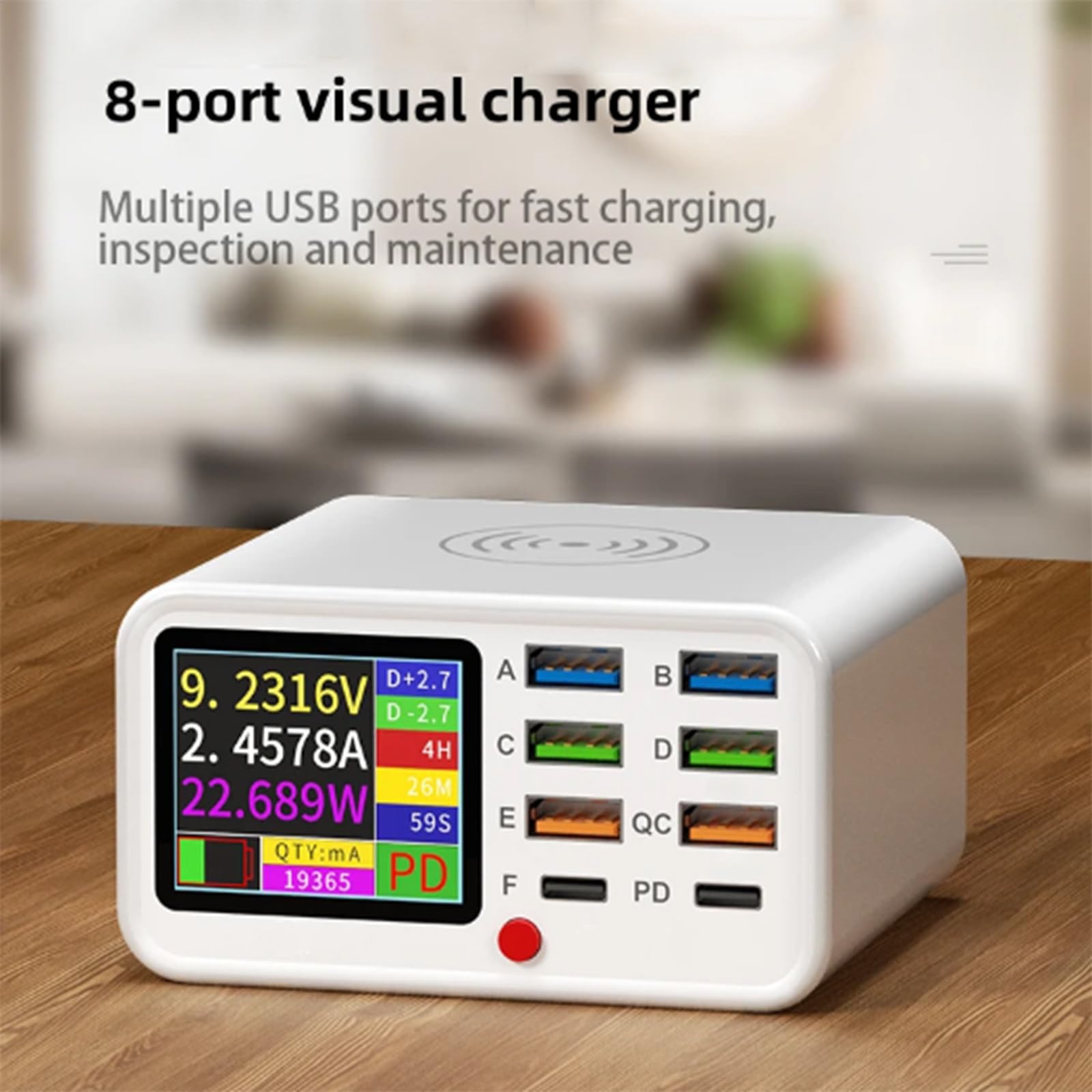 Stazione di Ricarica Rapida Wireless USB Multifunzionale a 8 Porte, Caricabatterie con rilevamento visivo della Corrente per telefoni cellulari, Tablet, Computer, Ricarica Rapida