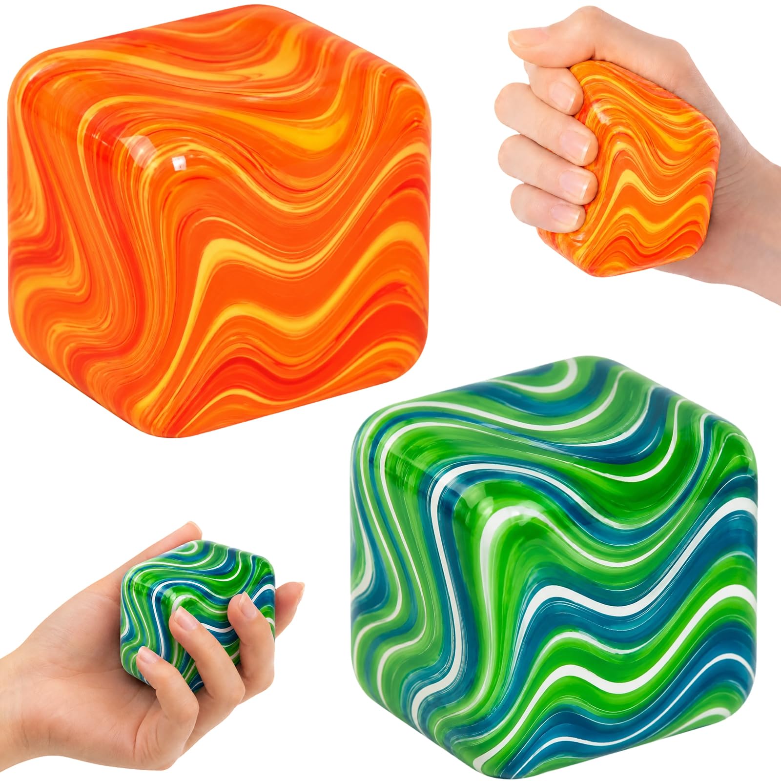 2 Pack 5cm Squishy Fidget Toys, Soft Slow Rising Sensory Stress Relief Squeeze Toys, Square Swirl Ice Cube Squishies for Kids & Adults, Desk Anxiety Relief, Party Favor Gift (Orange & Green）