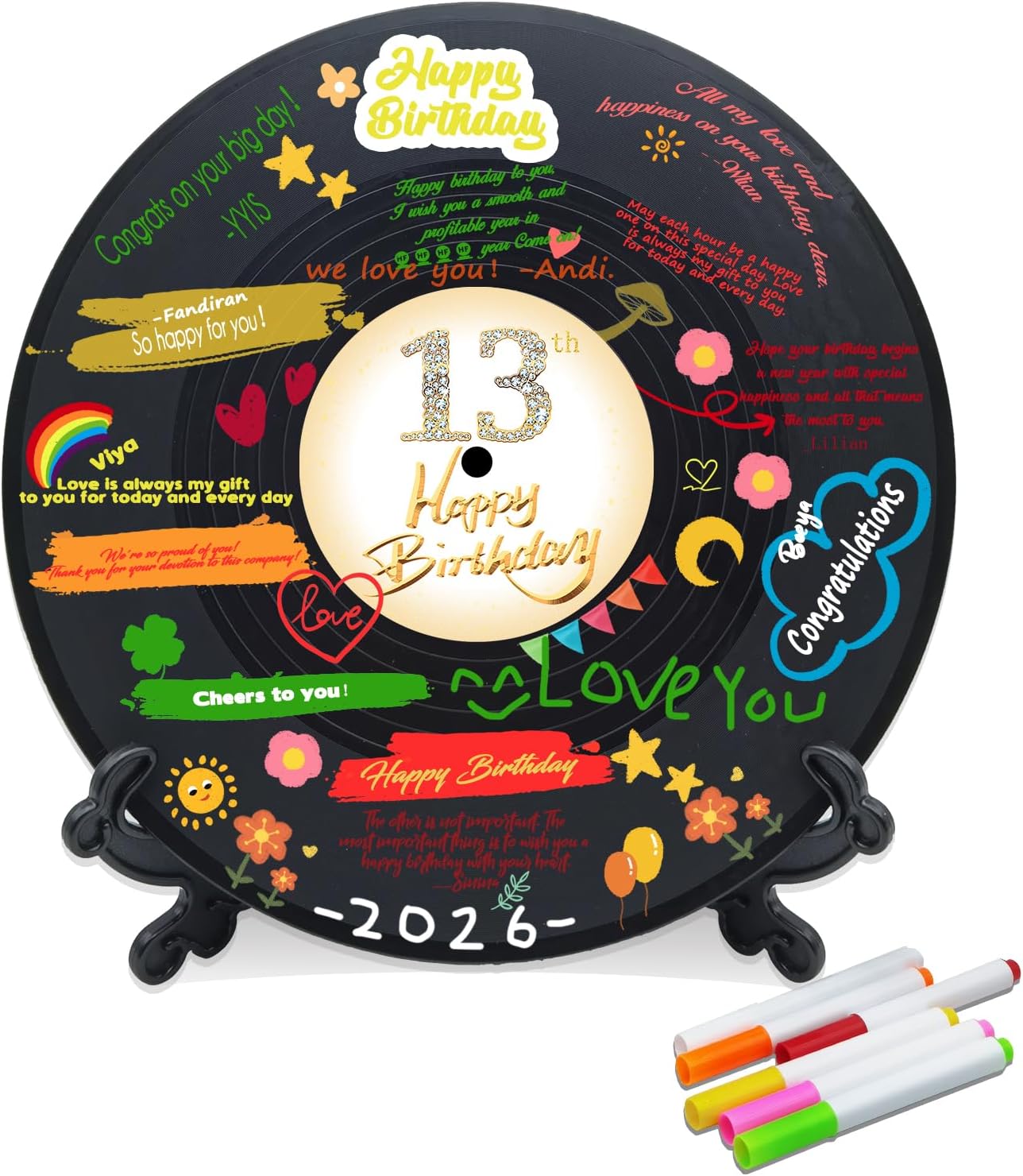 Vinyl Record Sweet 13 Birthday Decorations 11.6"X11.6", 13th birthday decorations Party Favor Sign Poster, 13th Birthday Guest Book Alternative, Great Sweet 13 Gifts for Girls or Boys (13 Years Old)