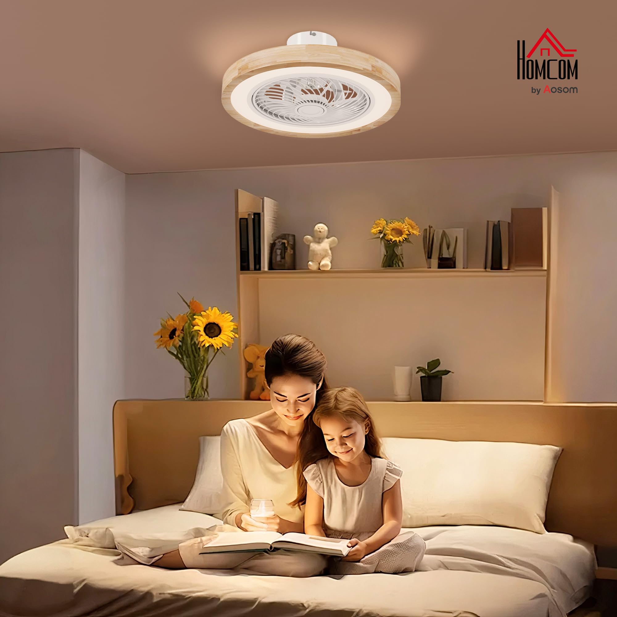 HOMCOM Ventilateur Plafond Réversible LED RGBW 50 cm Effet Bois Naturel