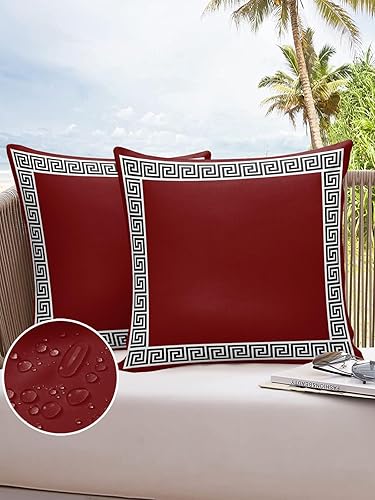 Funda de almohada impermeable para exteriores, diseño étnico, burdeos, rojo, griego, geométrico, decorativo, color negro y blanco, paquete de 2 Funda de almohada impermeable para exteriores, diseño étnico, burdeos, rojo, griego, geométrico, decorativo, color negro y blanco, paquete de 2